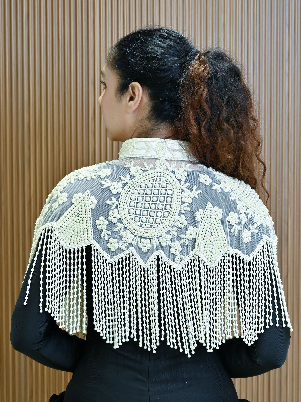 Odette Off White Net Embellished Cape For Women - Image 3