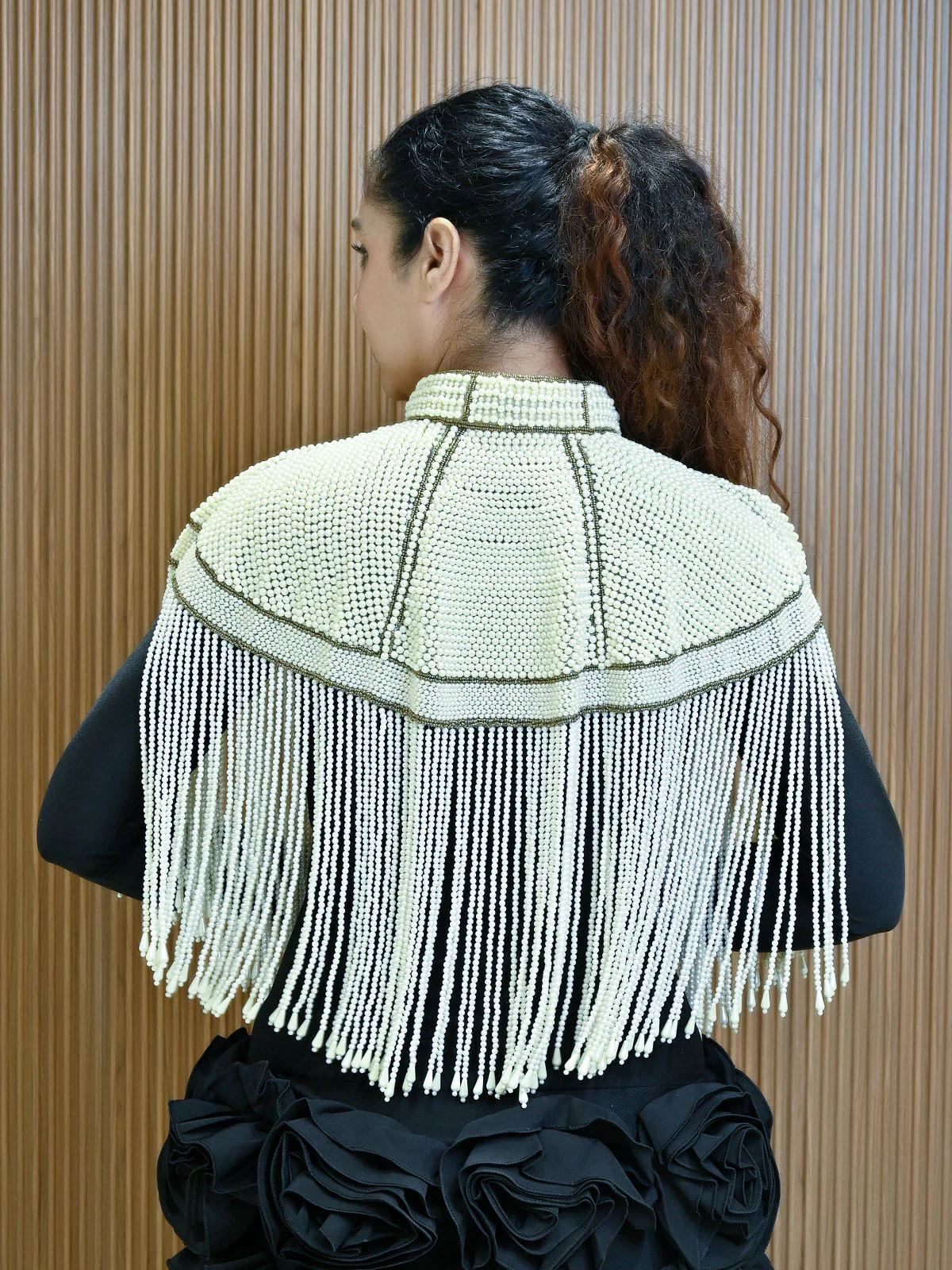 Odette Off White Net Embellished Cape For Women - Image 3