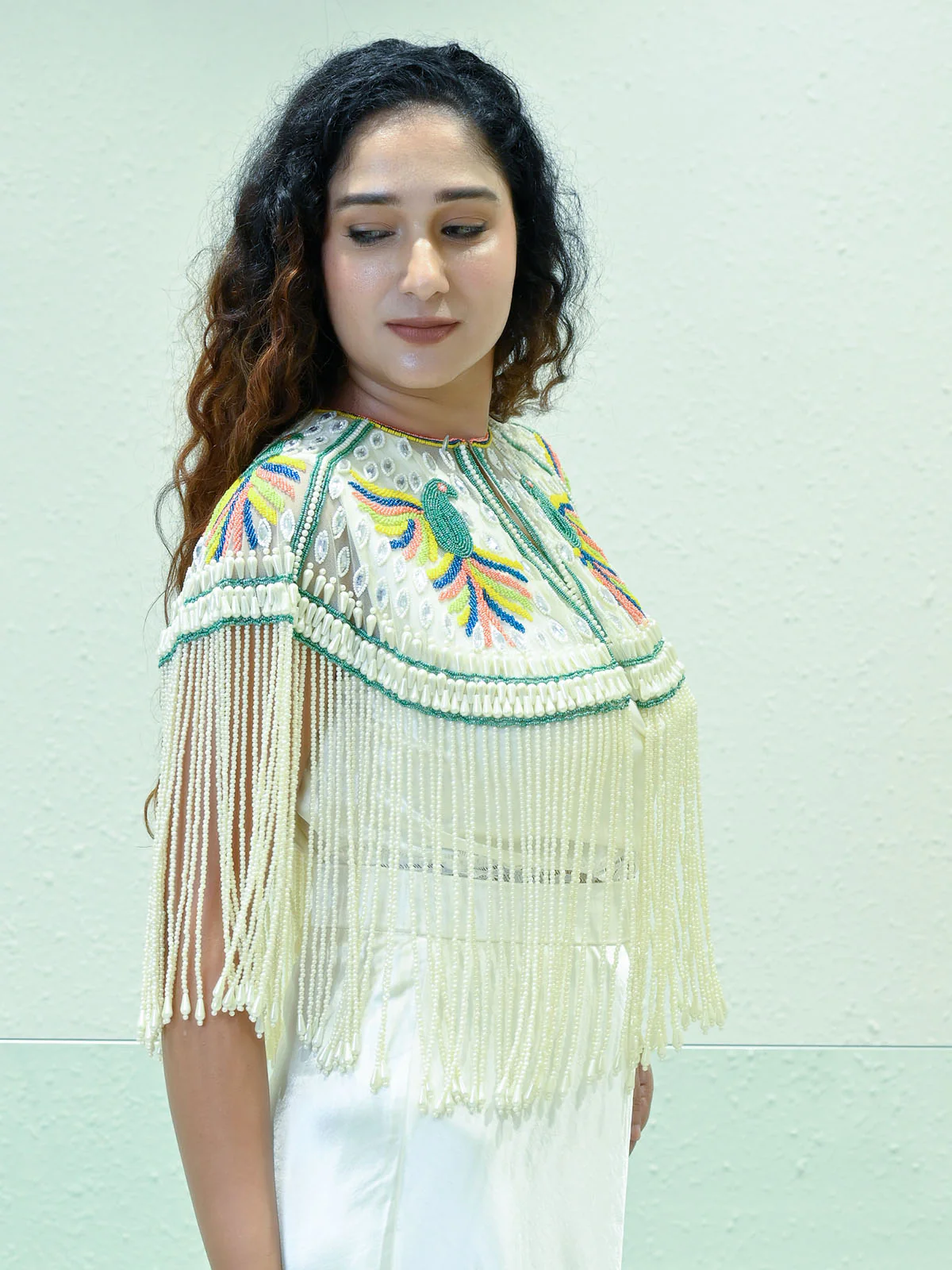 Odette Off White Net Embellished Cape For Women - Image 2