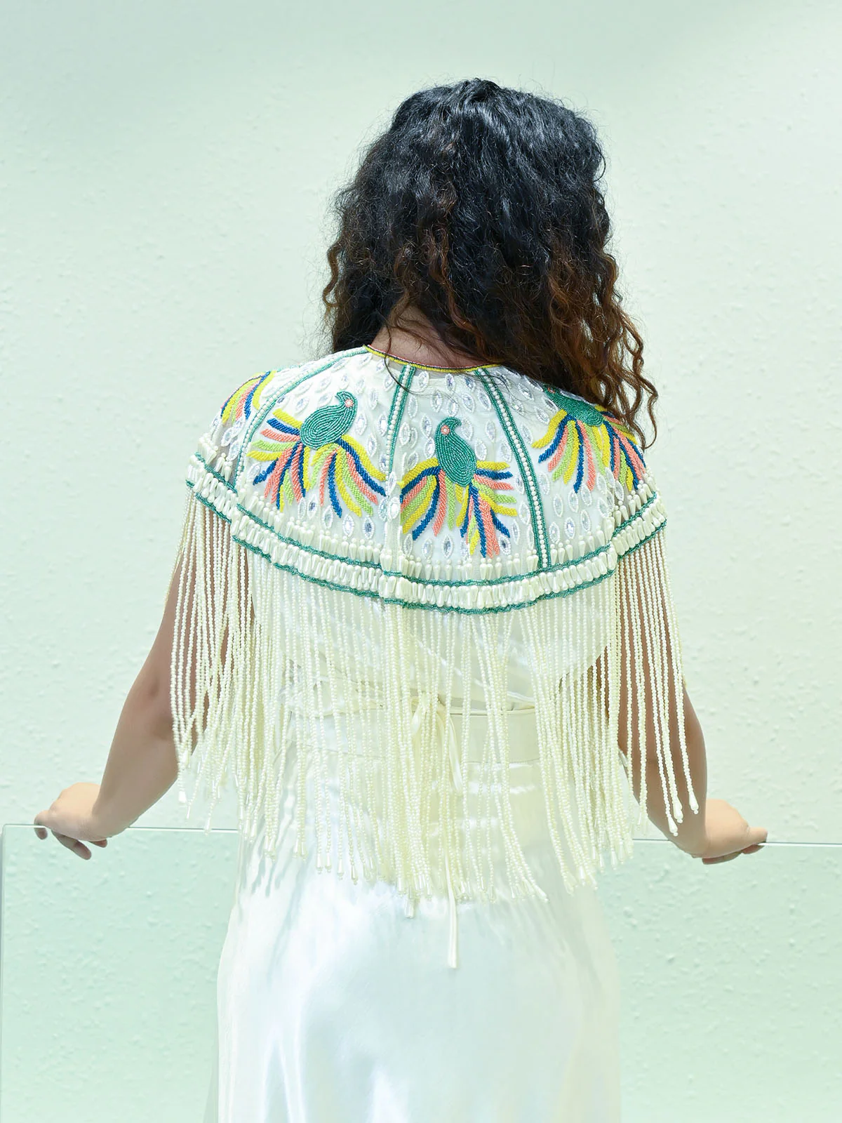 Odette Off White Net Embellished Cape For Women - Image 3