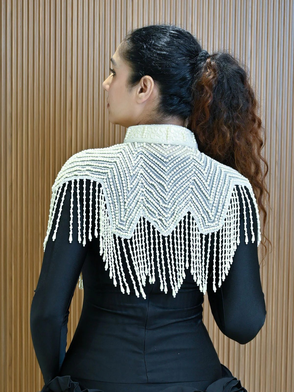 Odette Off White Net Embellished Cape For Women - Image 3