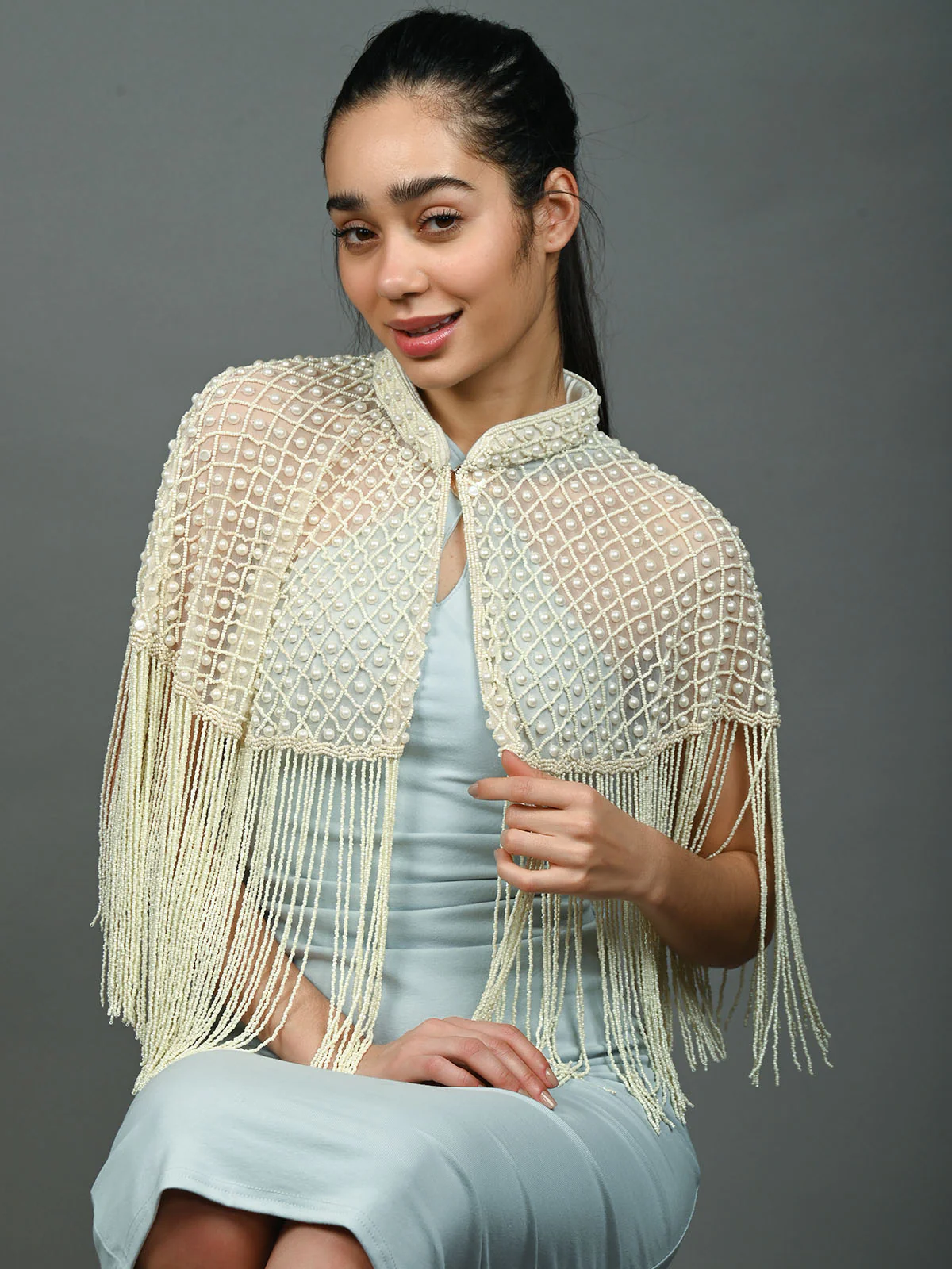 Odette Off White Net Embellished Cape For Women - Image 2