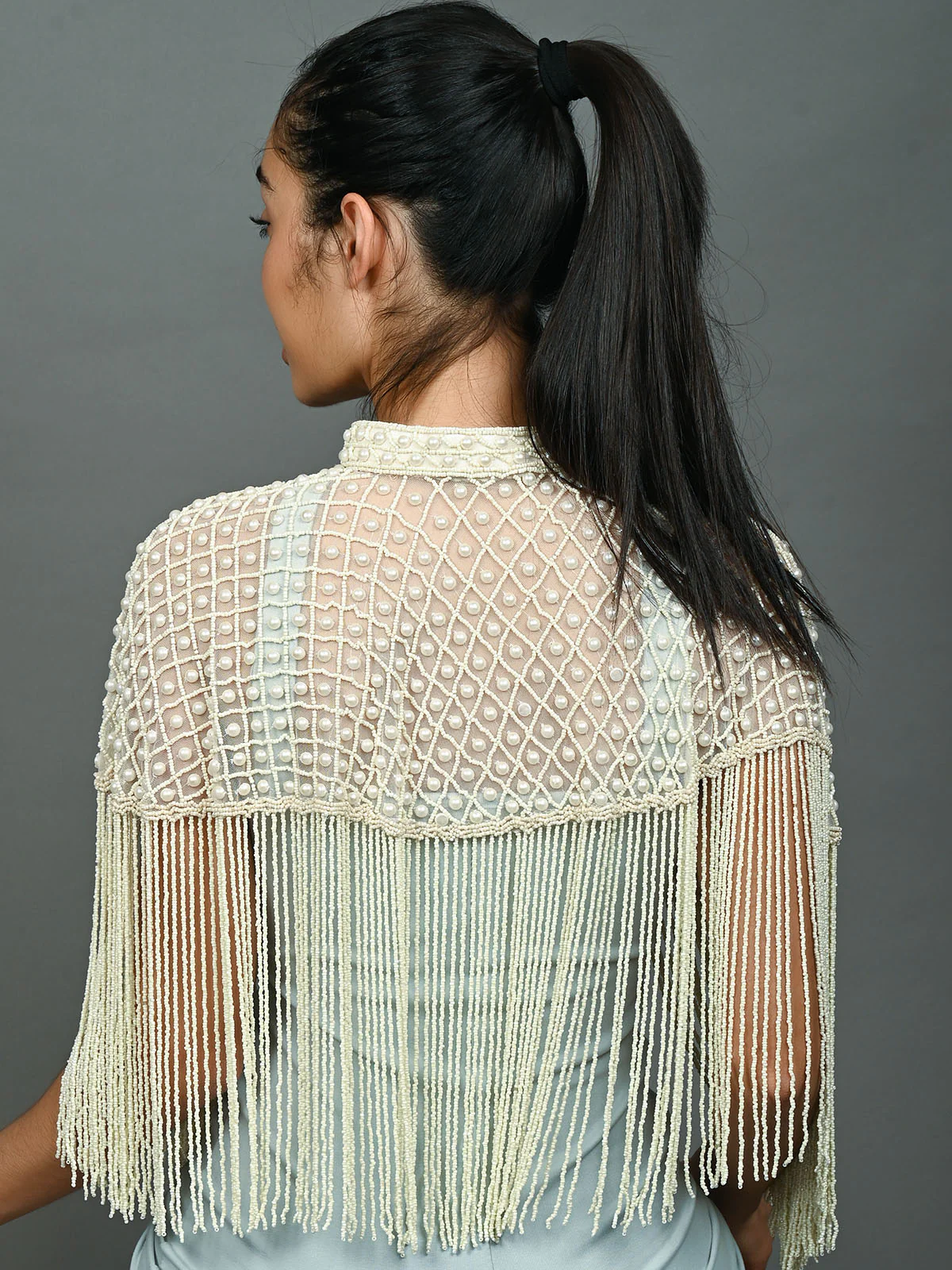 Odette Off White Net Embellished Cape For Women - Image 4