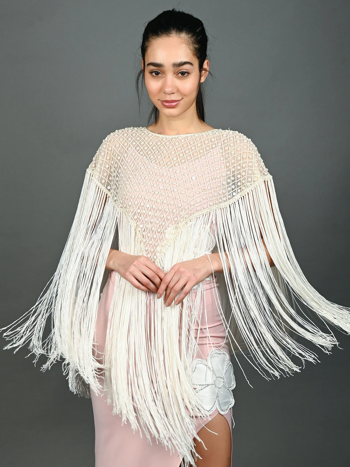 Odette Off White Net Embellished Cape For Women - Image 2