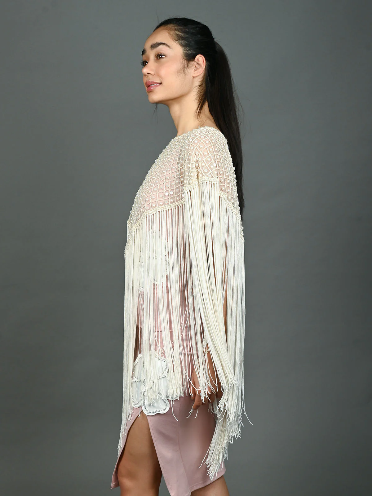 Odette Off White Net Embellished Cape For Women - Image 3