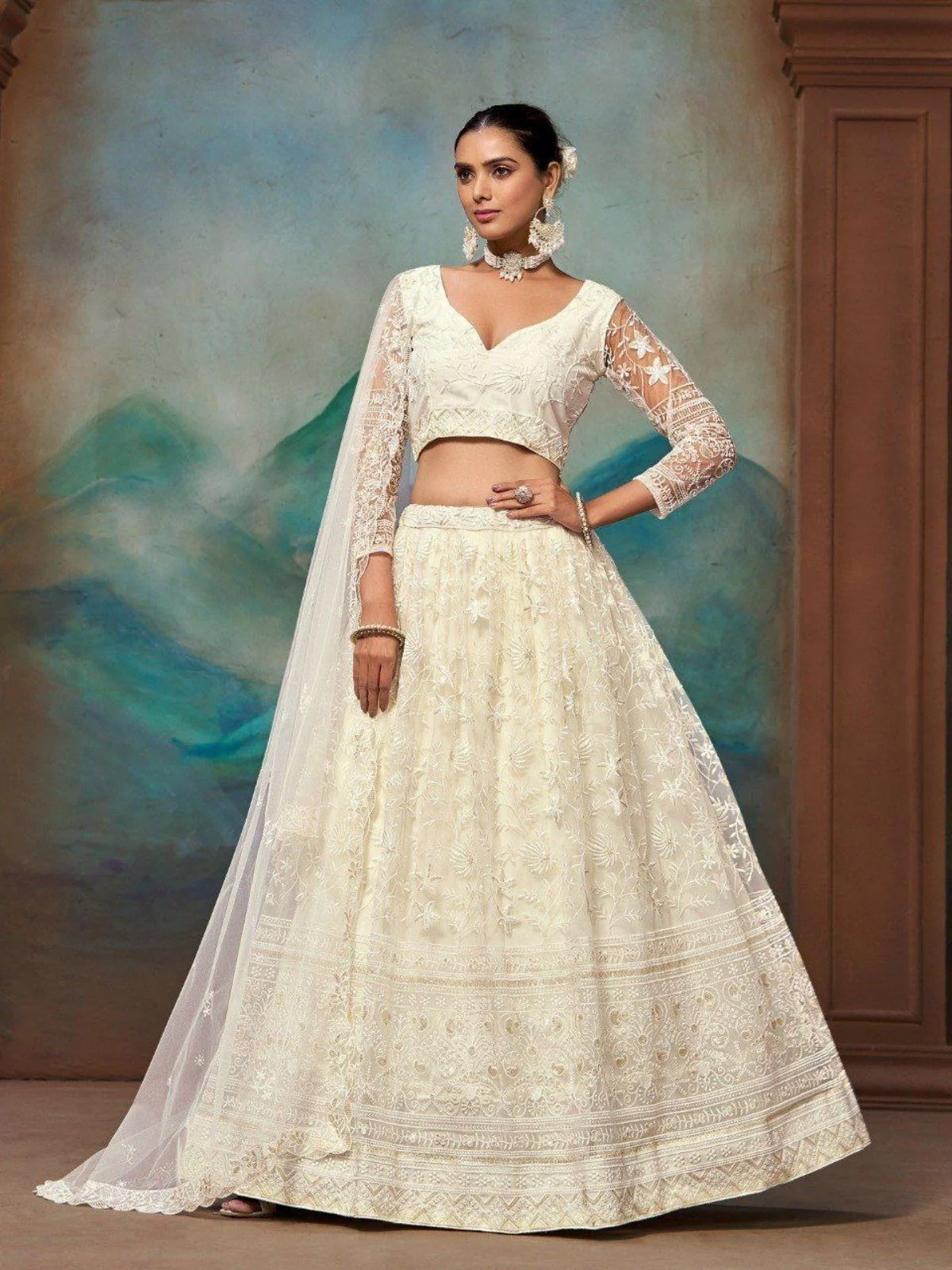 Odette Off White Net Embellished Semi Stitched Lehenga For Women - Image 2