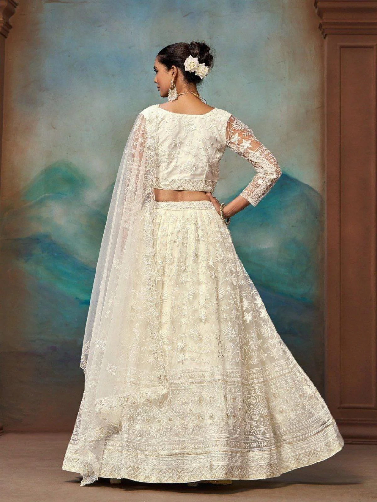 Odette Off White Net Embellished Semi Stitched Lehenga For Women - Image 3