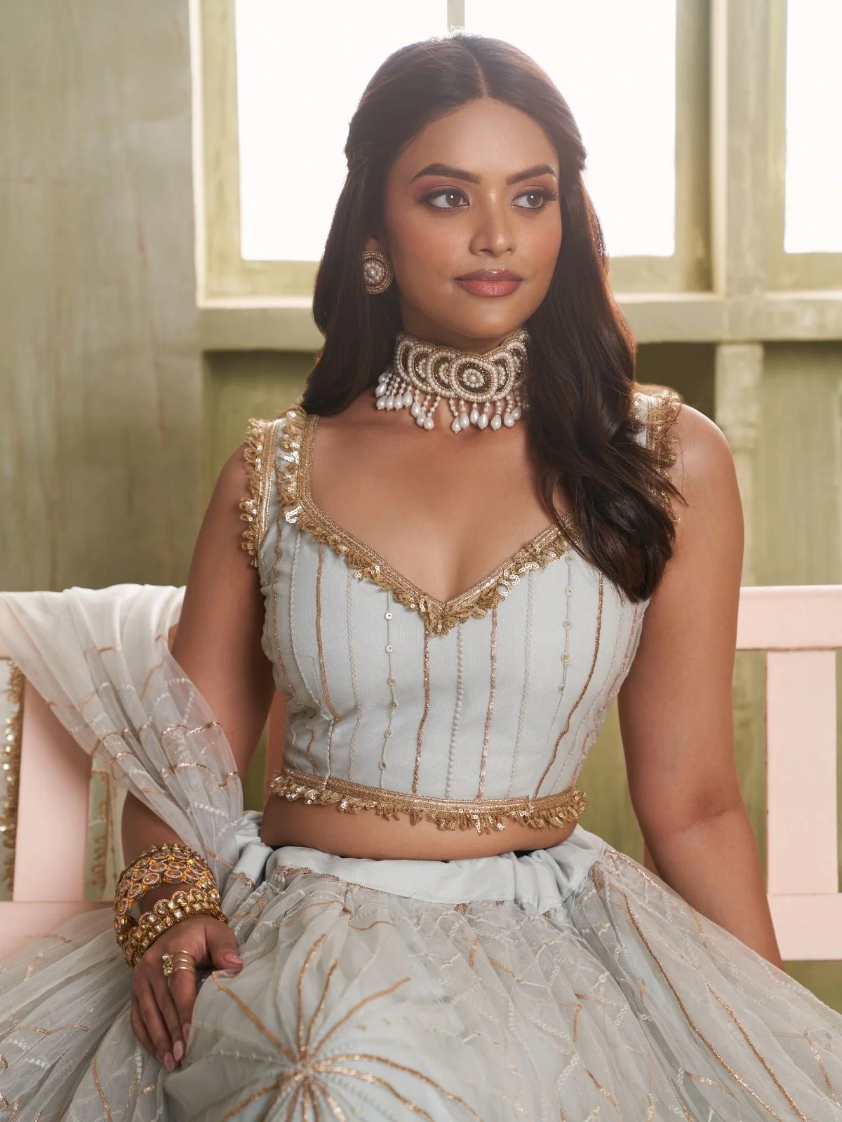 Odette Off White Net Embroidered Semi Stitched Lehenga For Women - Image 2
