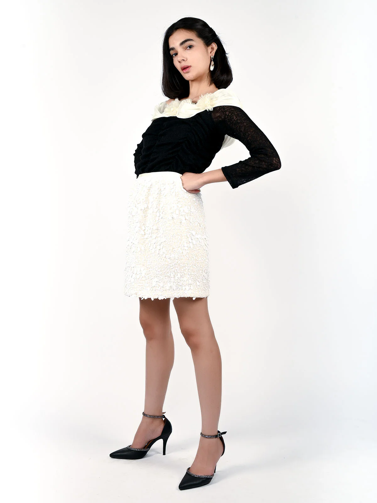 Odette Off White Net Sequence Mini Skirt For Women - Image 6