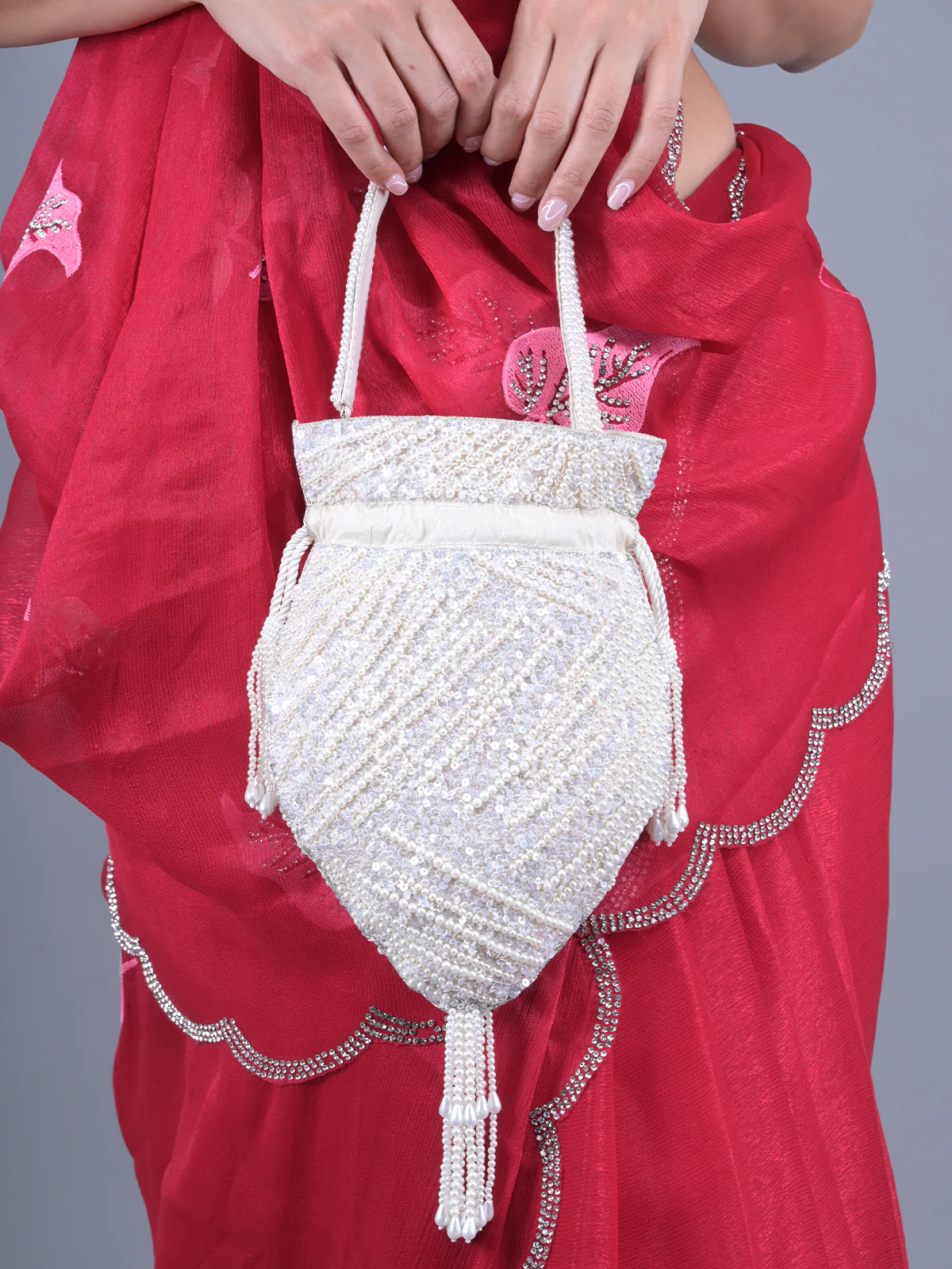Odette Off White Pearl and Sequins Embroidered Tassel Potli Bag for Women - Image 2