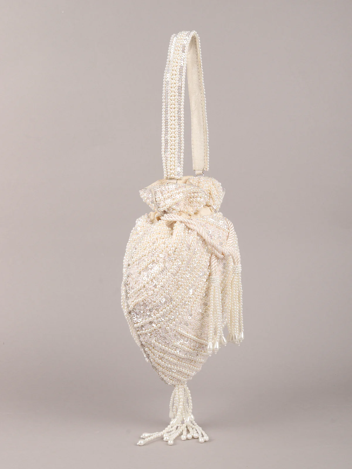 Odette Off White Pearl and Sequins Embroidered Tassel Potli Bag for Women - Image 4