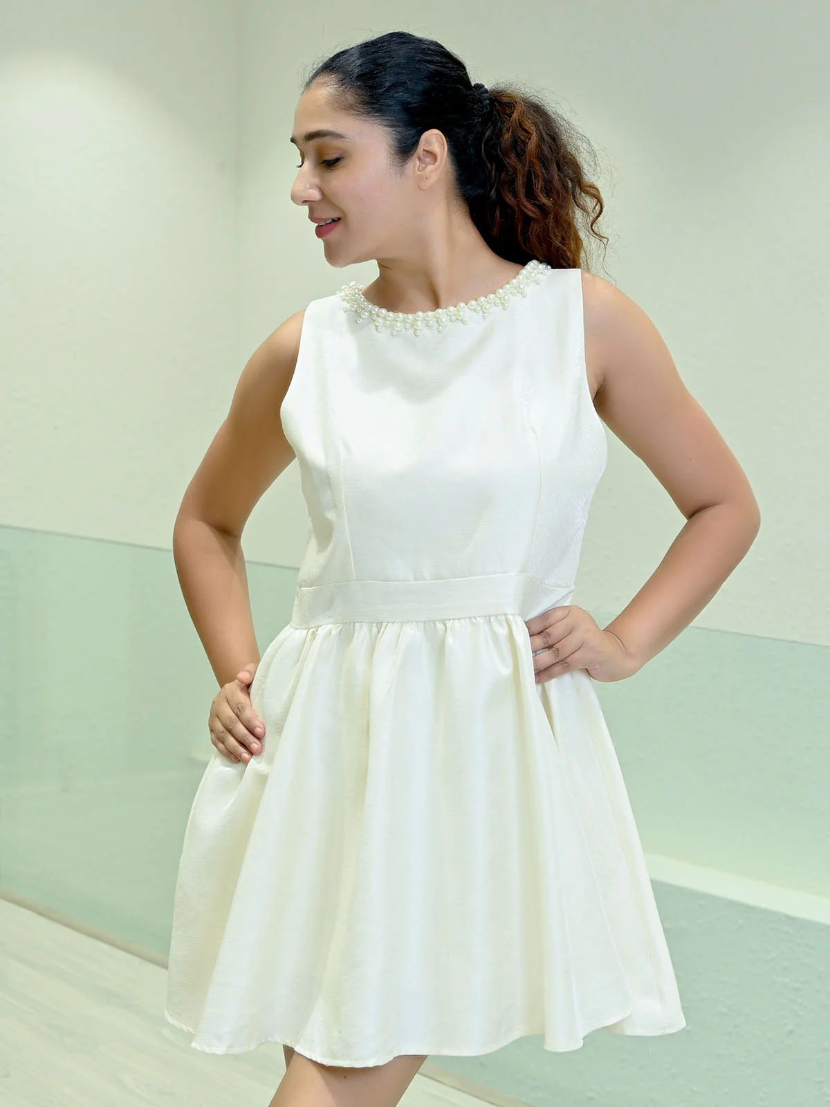 Odette Off White Polyester Blend Solid Dress For Women - Image 4