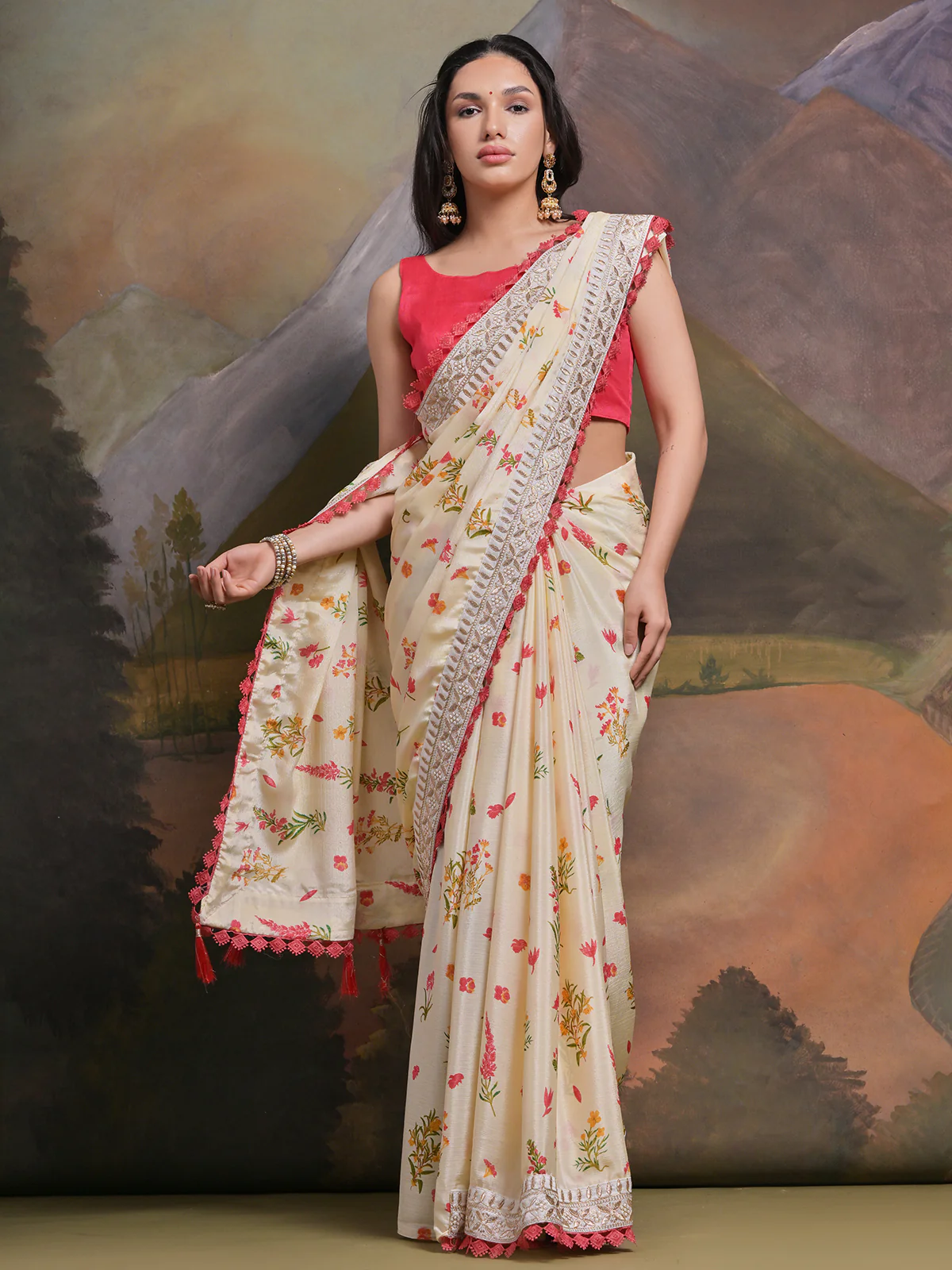 Odette Off White Printed Chiffon Saree With Unstitched Blouse For Women - Image 3