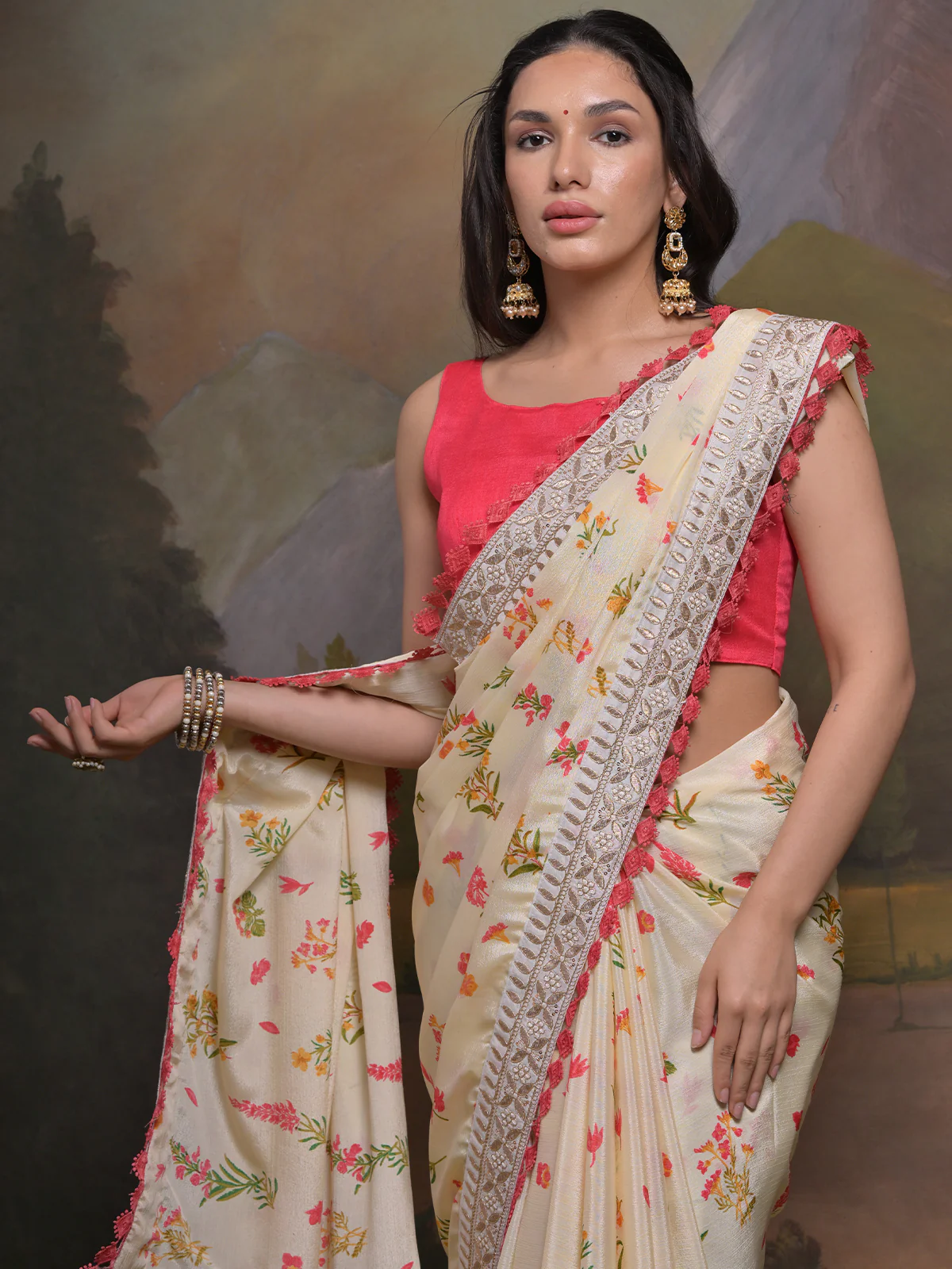 Odette Off White Printed Chiffon Saree With Unstitched Blouse For Women - Image 5