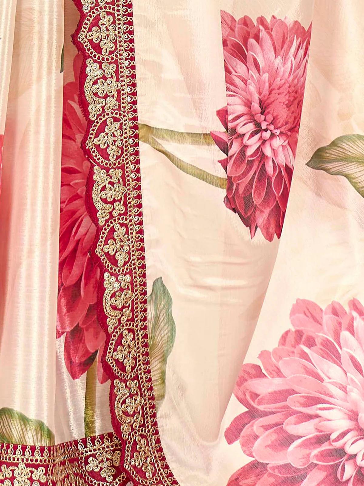 Odette Off White Printed Chiffon Saree With Unstitched Blouse For Women - Image 7