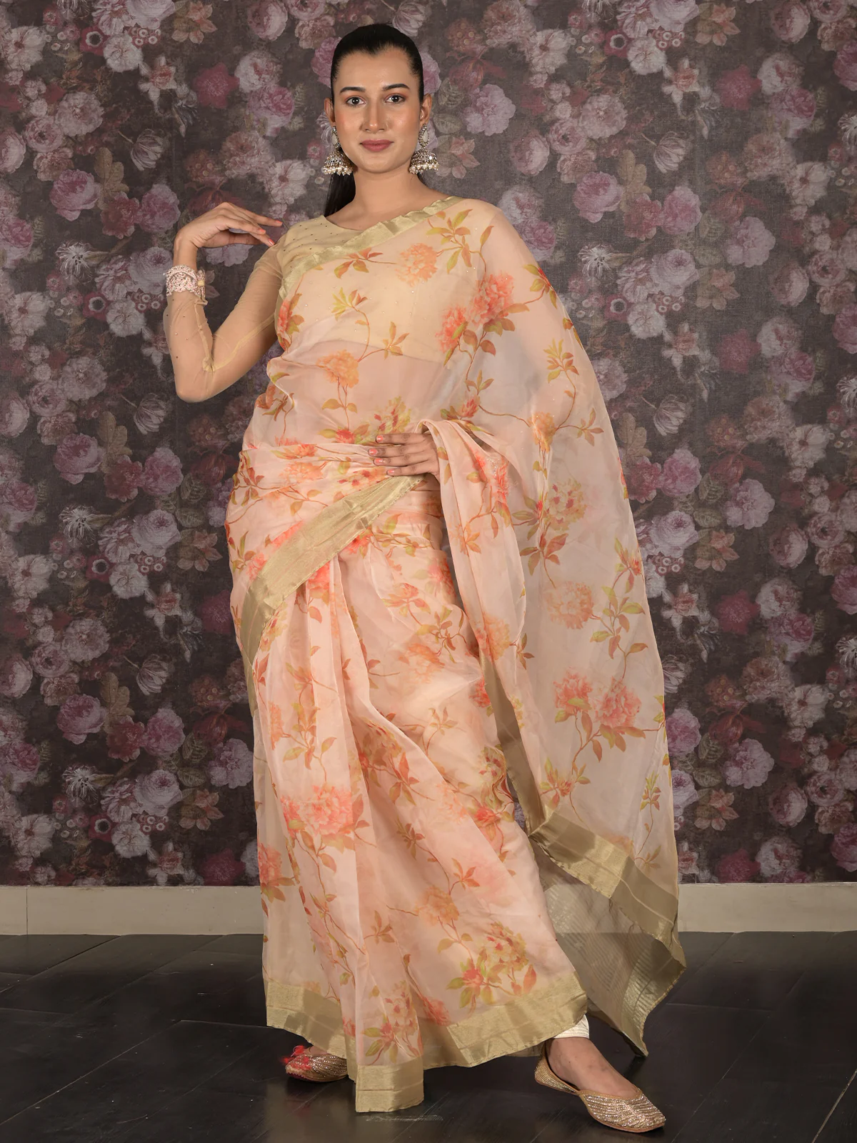 Odette Off White Printed Organza Saree - Image 2