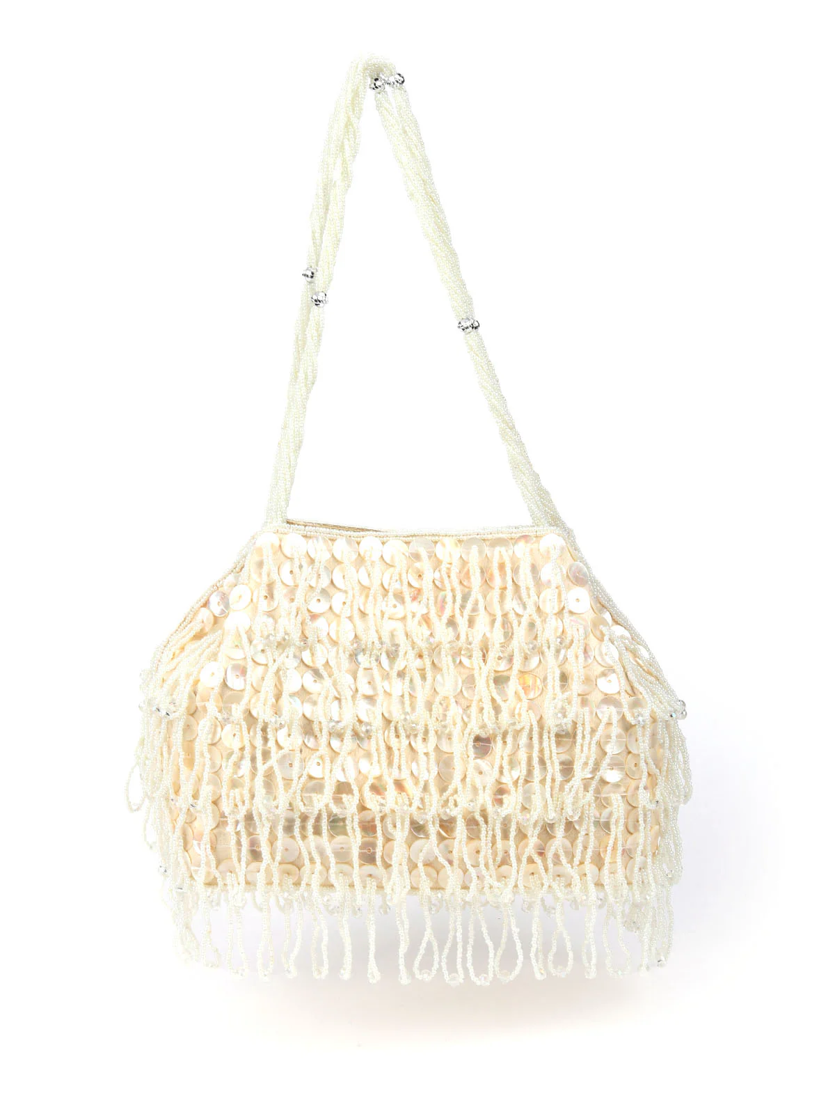 Odette Off White Raw Silk Beads And Pearl Tassels Work Hand Bag For Women - Image 3
