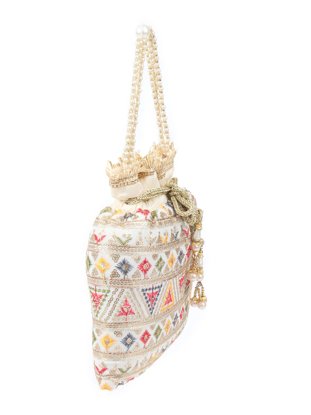 Odette Off White Raw Silk Embroidered With Sequin Potli For Women - Image 4