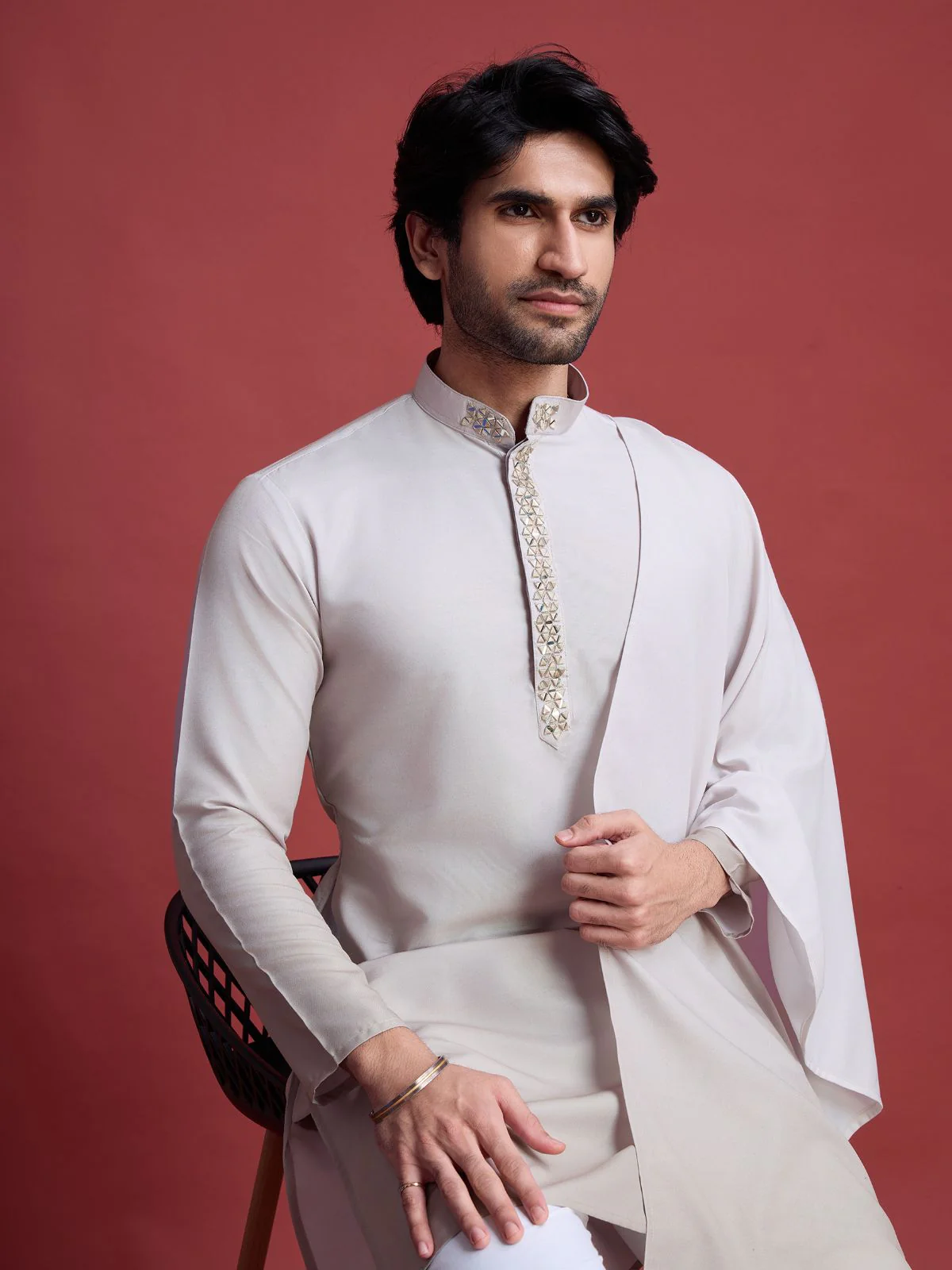 Odette Off White Rayon Mirror Work Stitched Kurta With Dupatta For Men - Image 5
