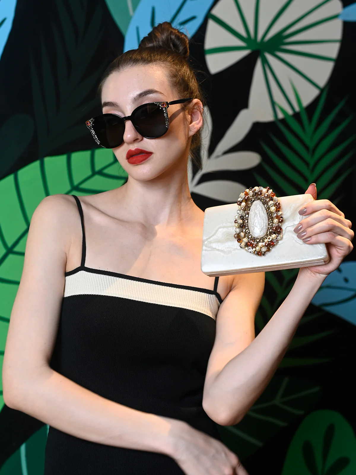 Odette Off White Resin Embellished Clutch For Women - Image 2