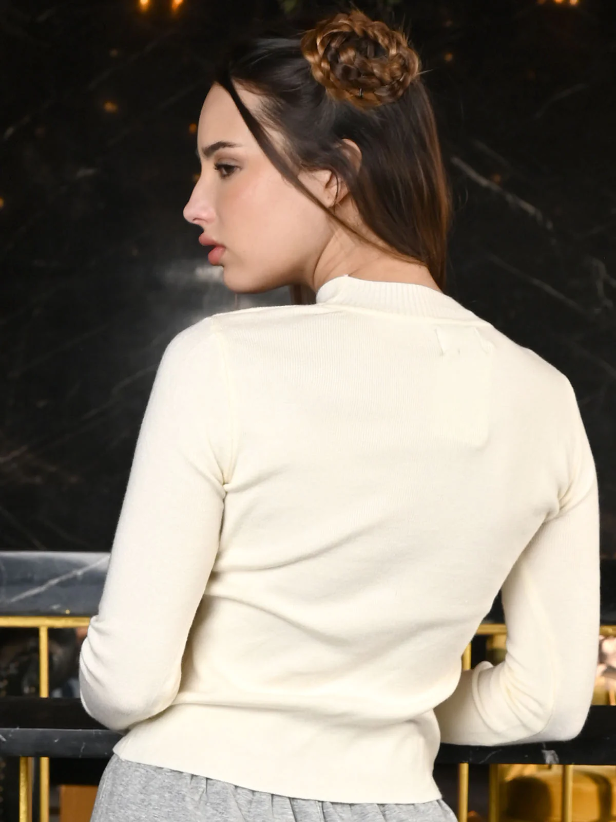 Odette Off White Ribbed Cotton Solid Top Set For Women - Image 4
