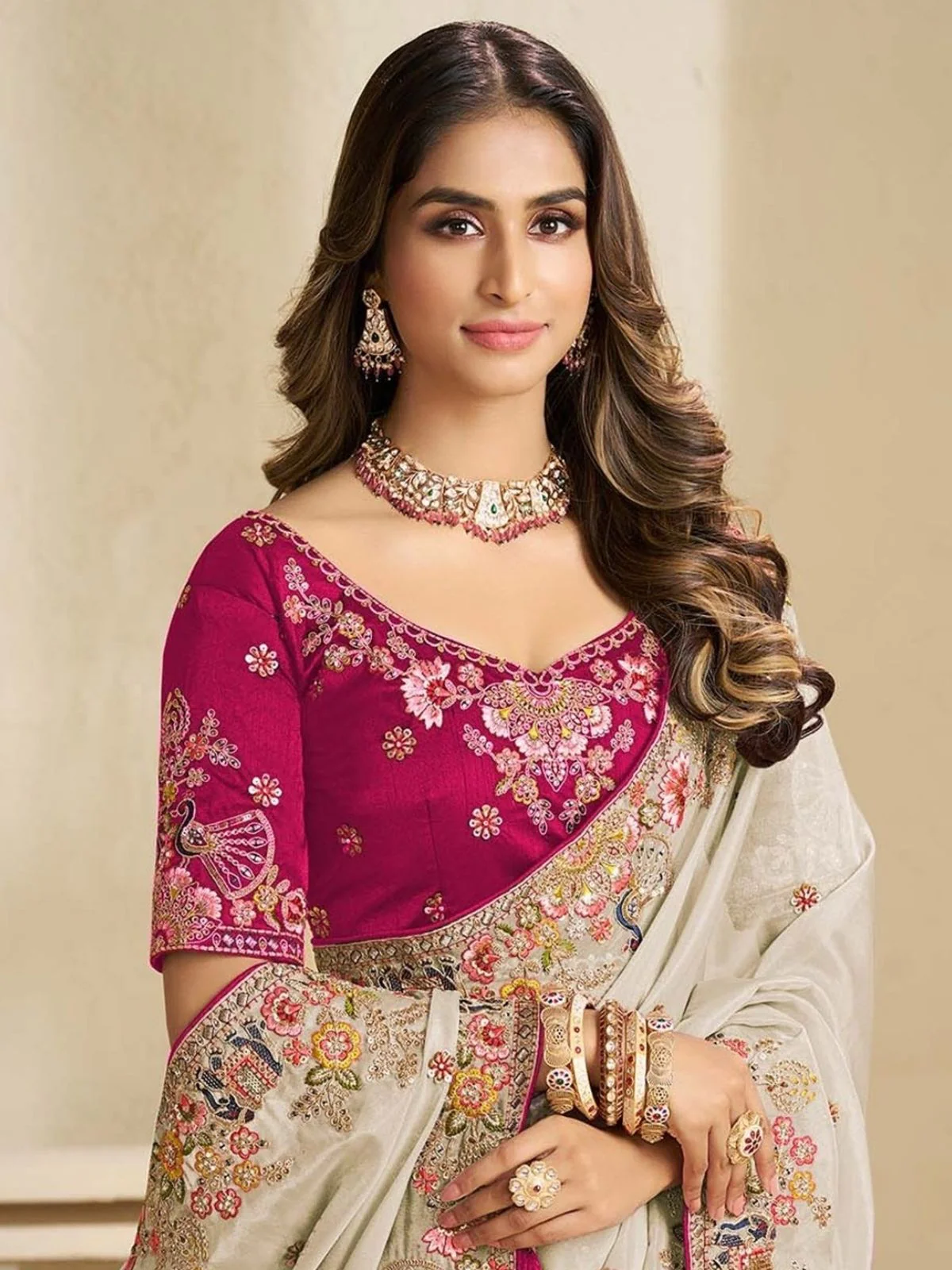 Odette Off White Satin Embroidered Saree For Women - Image 3
