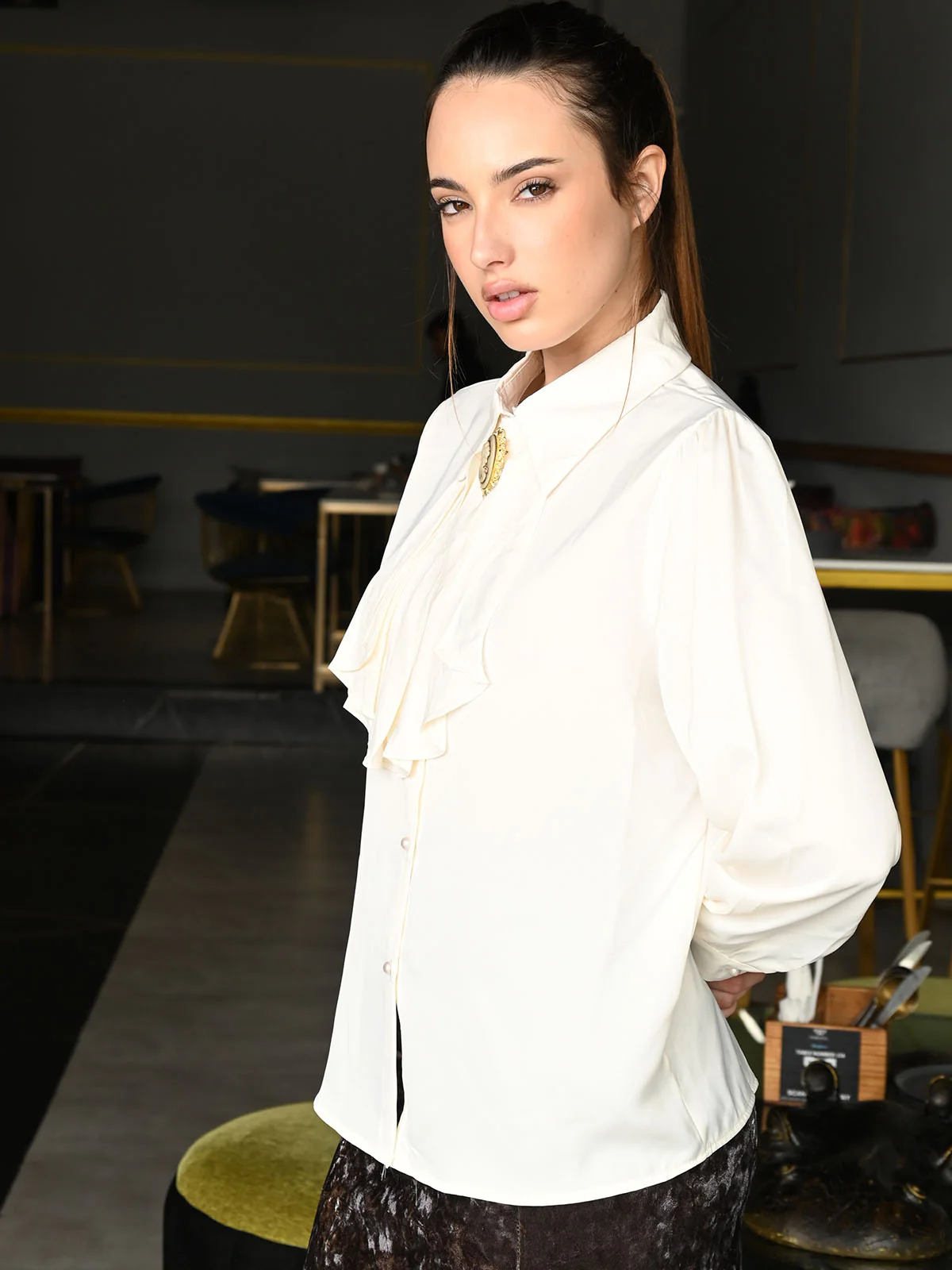 Odette Off White Satin Patterned Full Sleeves Top For Women - Image 4