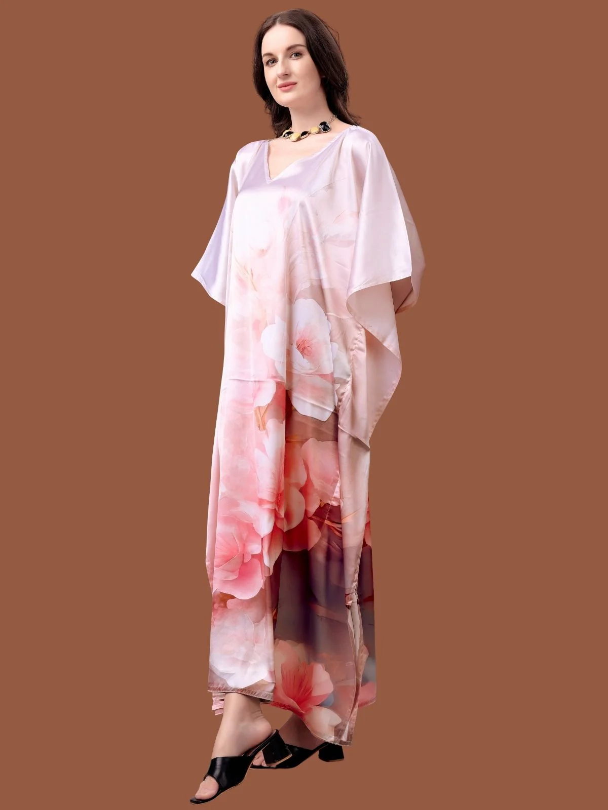 Odette Off White Satin Printed Kaftan For Women - Image 2