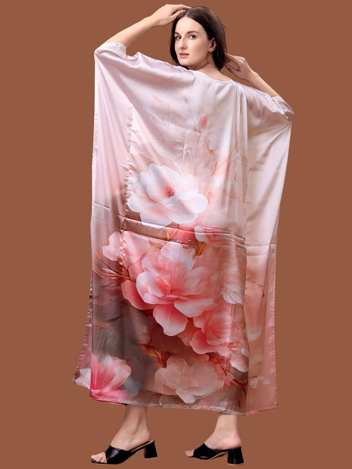Odette Off White Satin Printed Kaftan For Women - Image 3