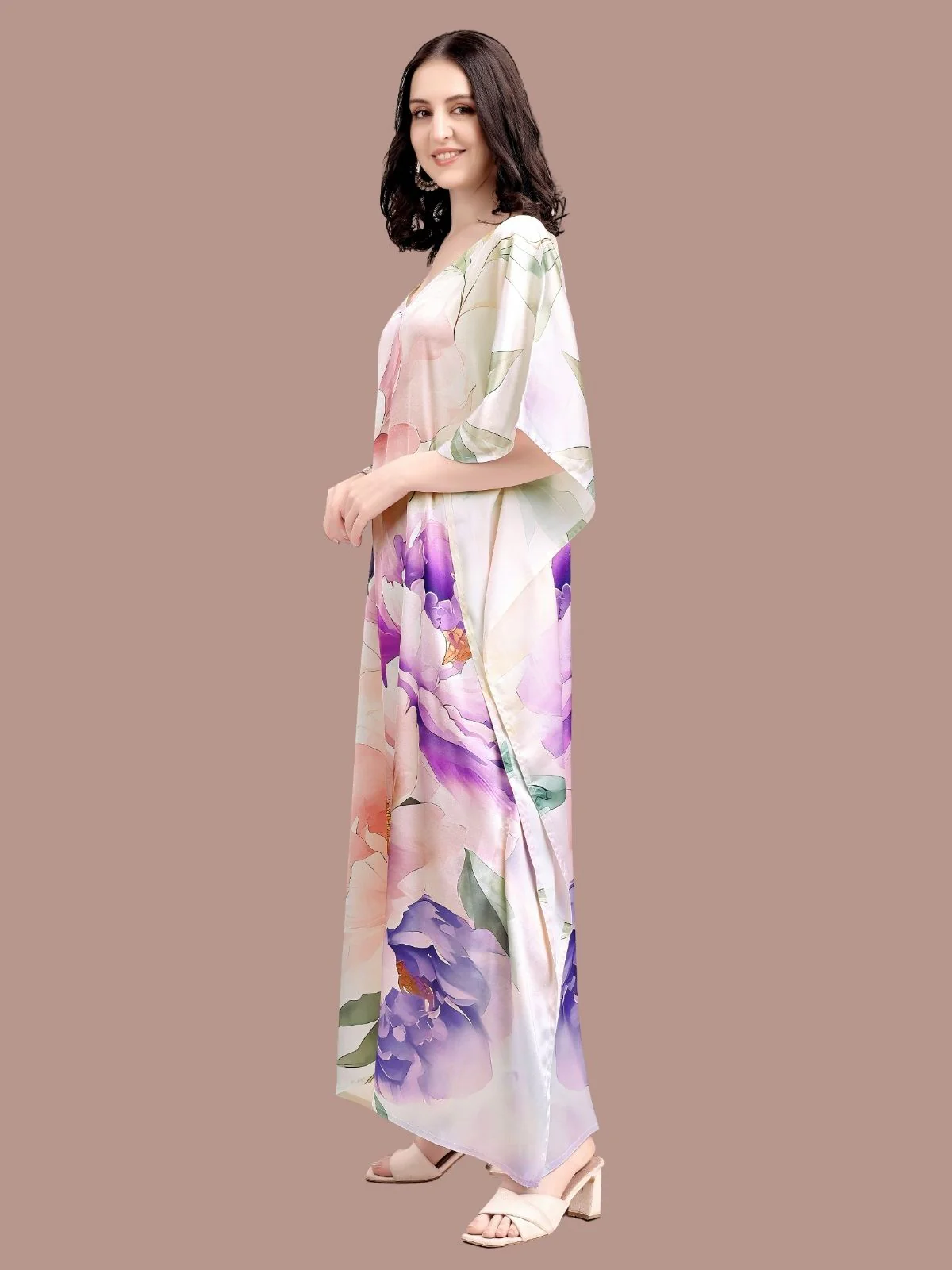 Odette Off White Satin Printed Kaftan For Women - Image 2