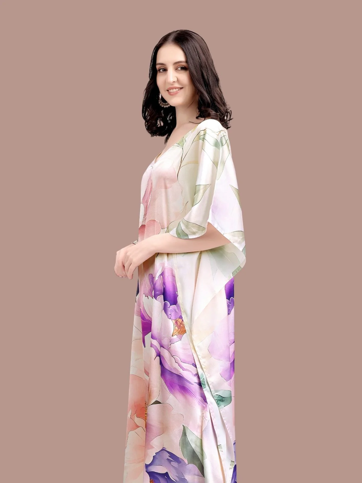 Odette Off White Satin Printed Kaftan For Women - Image 4