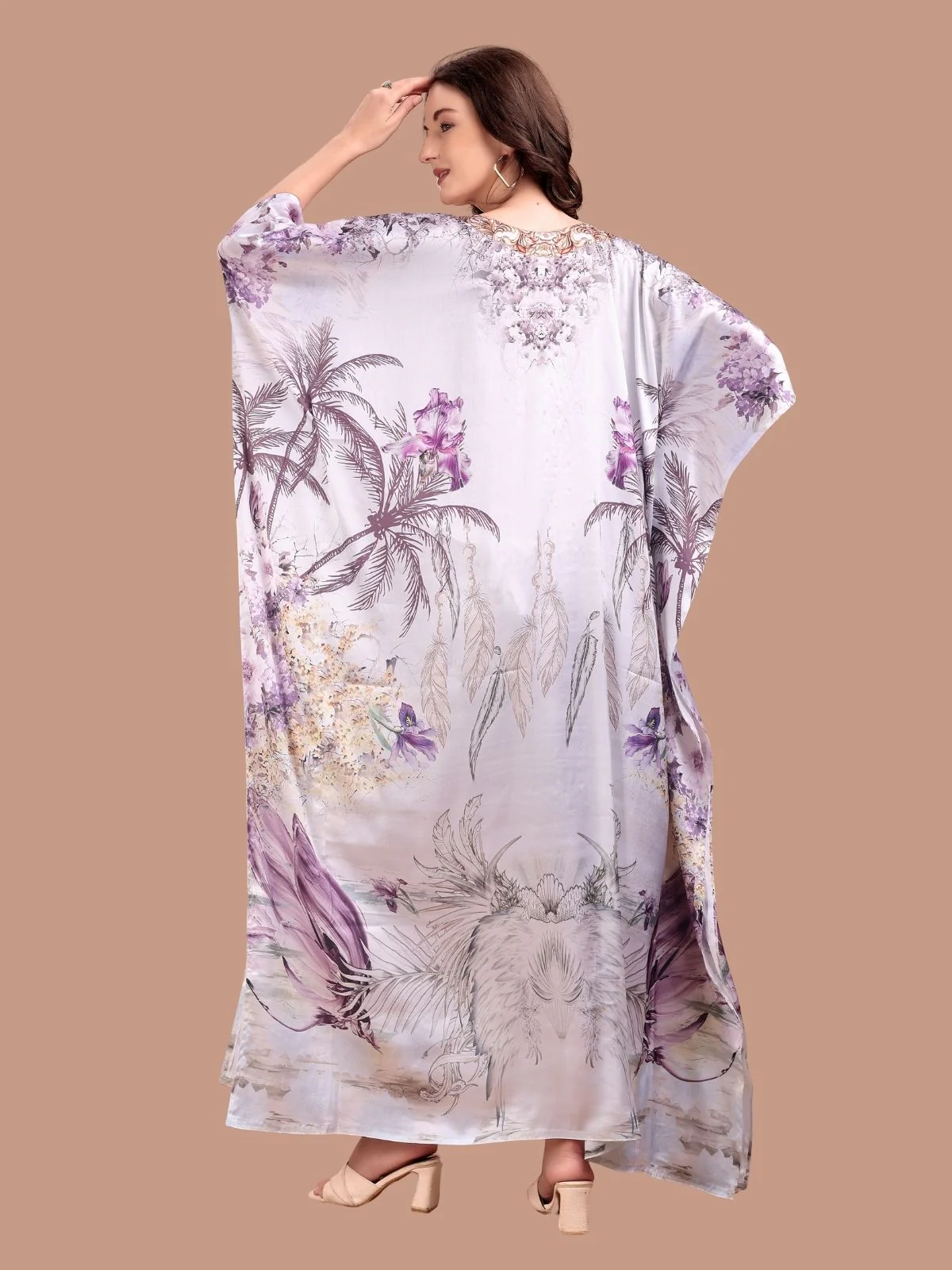 Odette Lavender Satin Printed Kaftan For Women - Image 3