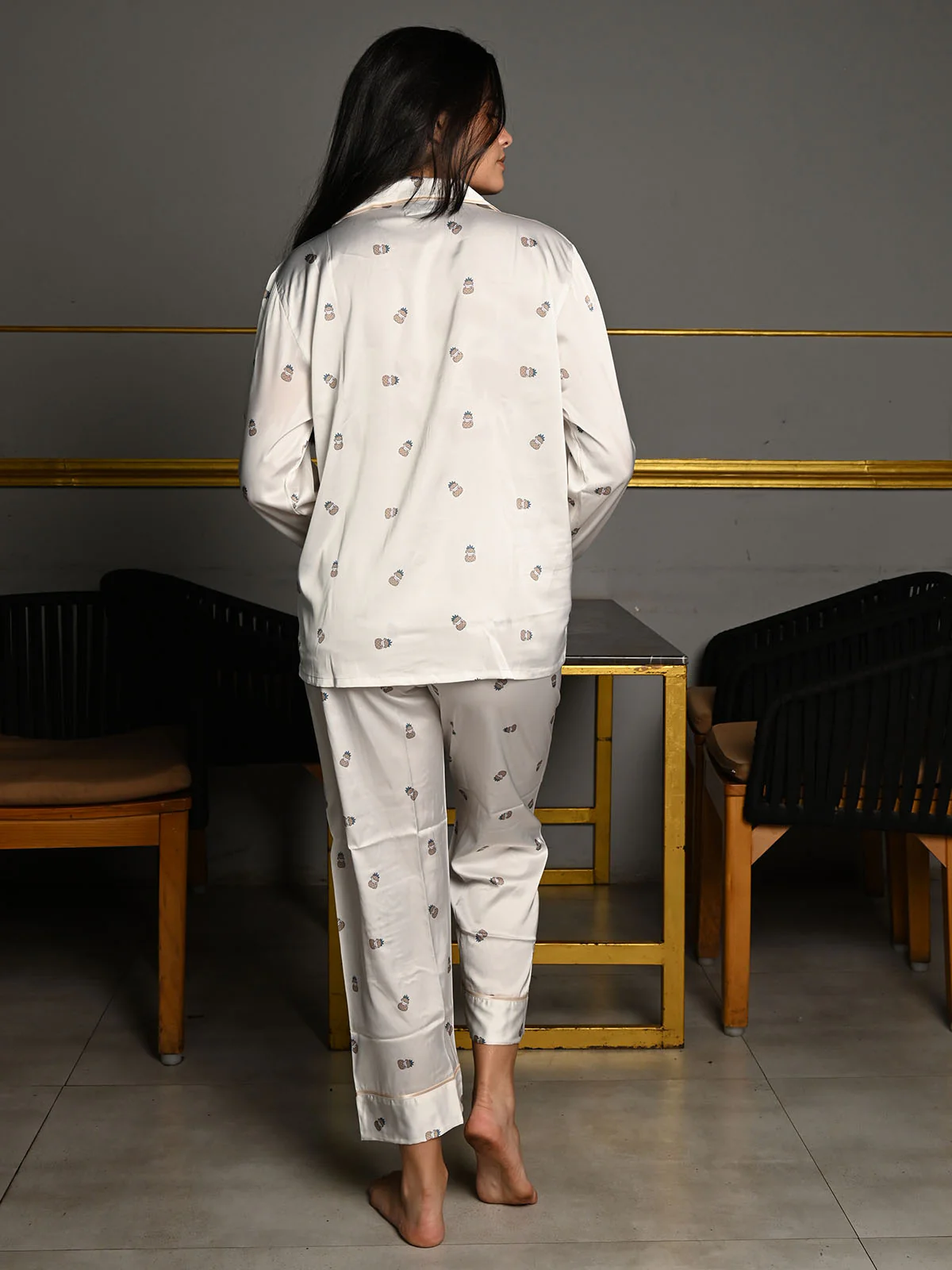 Odette Off White Satin Printed Night Wear Set For Women - Image 3
