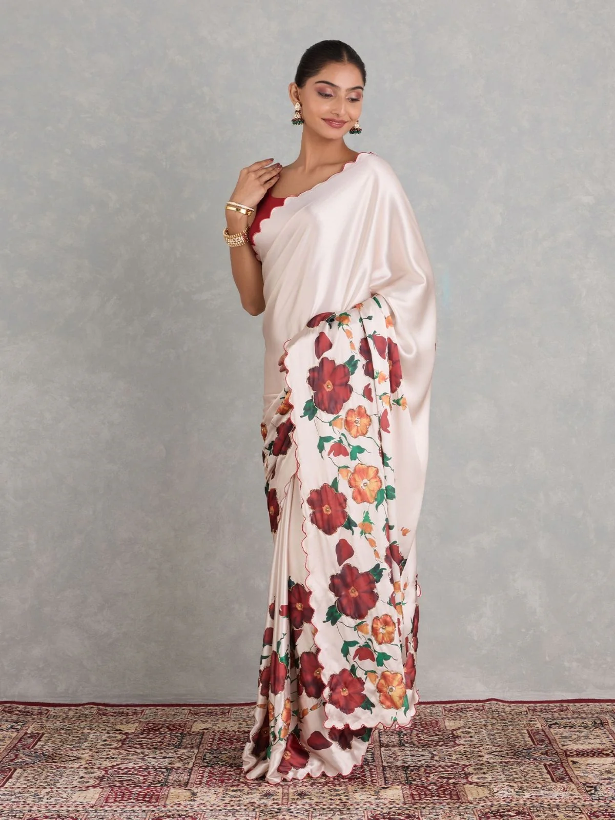 Odette Off White Satin Solid Printed Saree For Women - Image 3