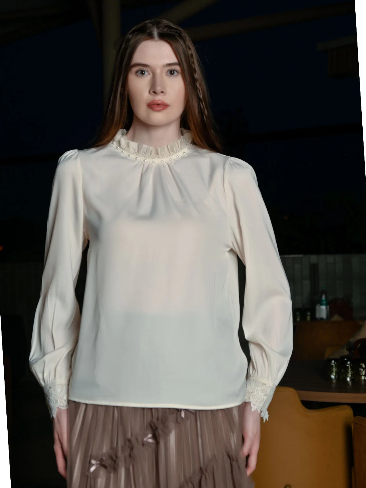 Odette Off White Satin Solid Top For Women - Image 2