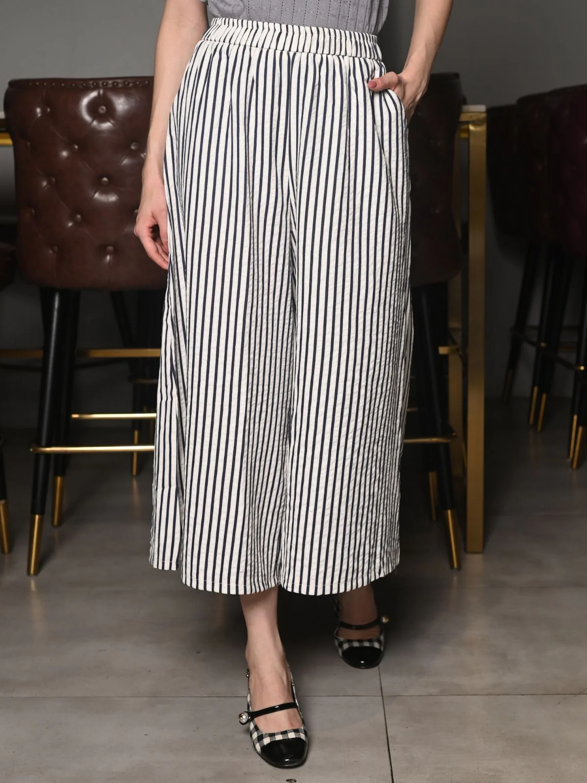 Odette Off White Seer Sucker Stripes Trousers For Women - Image 2