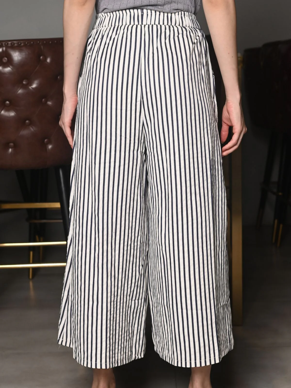 Odette Off White Seer Sucker Stripes Trousers For Women - Image 4
