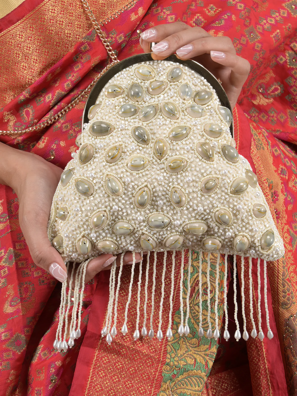 Odette Off White Shells and Beads Embroidered Batua for Women - Image 2
