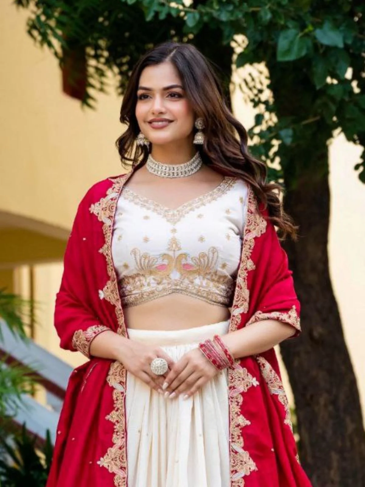 Odette Off White Silk Blend Embellished Semi Stitched Lehenga For Women - Image 4