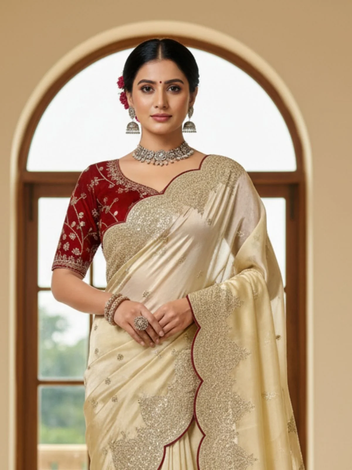 Odette Off White Silk Blend Embellished Solid Saree For Women - Image 3
