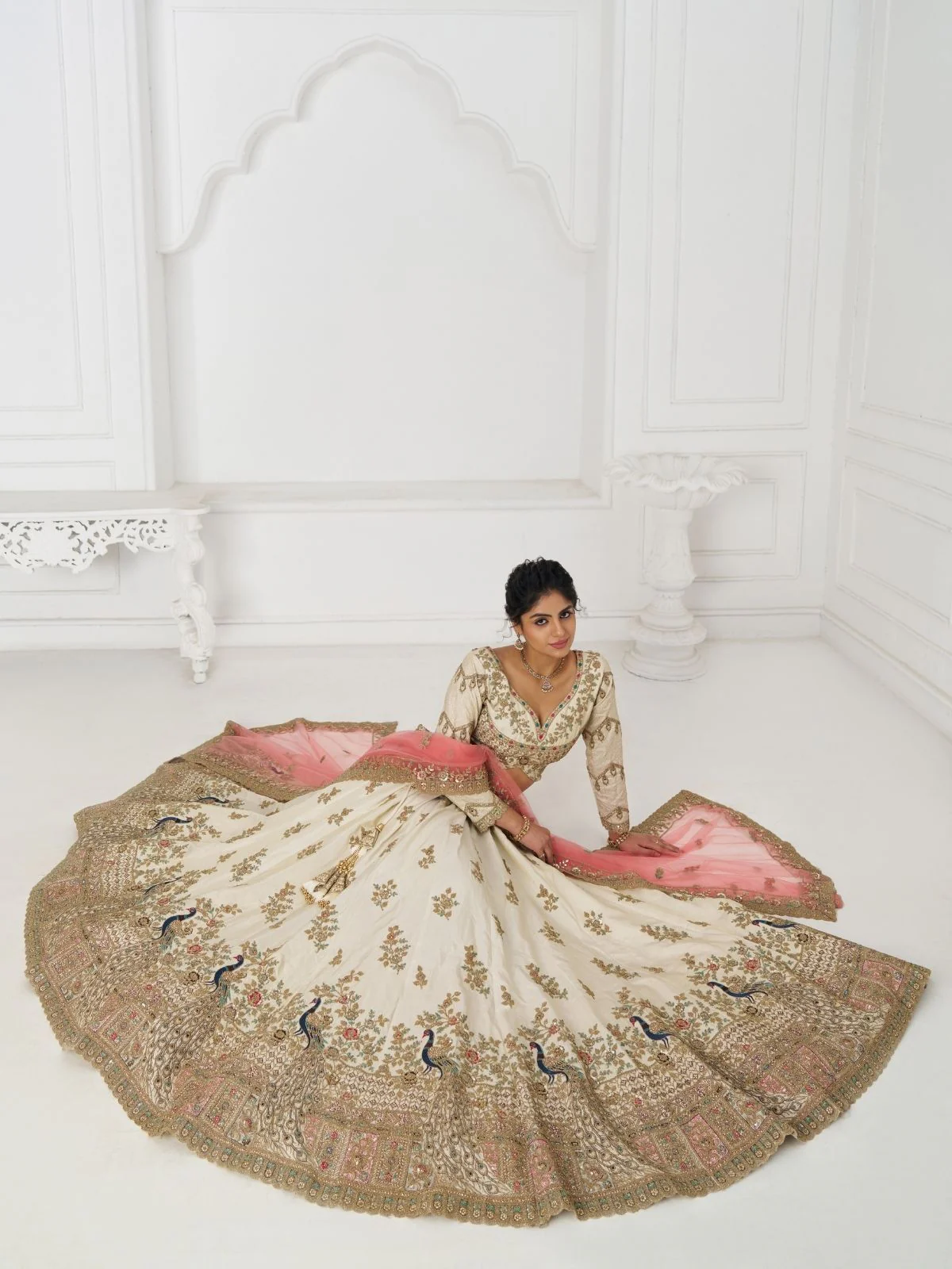 Odette Off White Silk Blend Embroidered Semi-Stitched Lehenga For Women - Image 2