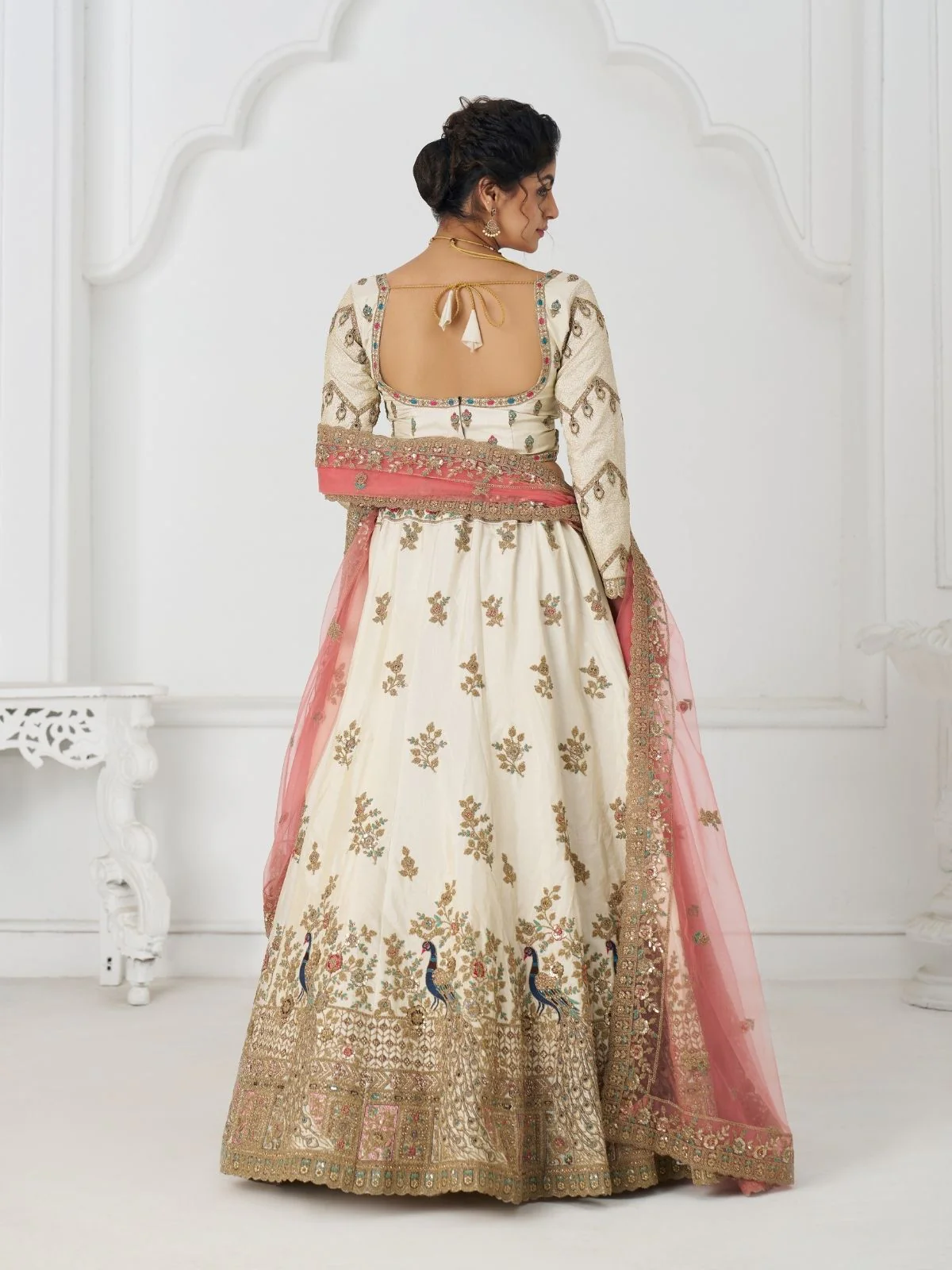 Odette Off White Silk Blend Embroidered Semi-Stitched Lehenga For Women - Image 4