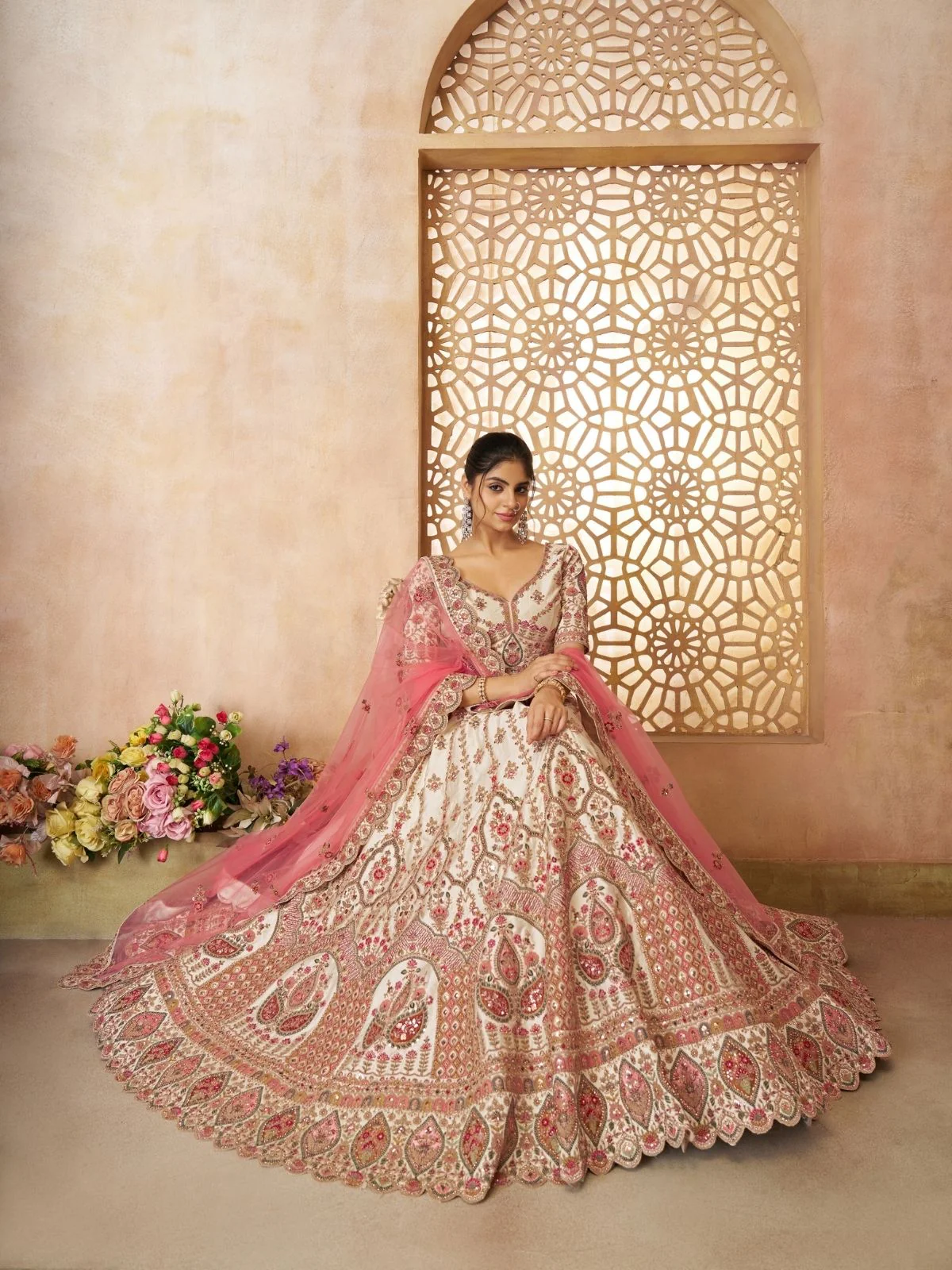 Odette Off White Silk Blend Embroidered Semi-Stitched Lehenga For Women - Image 3