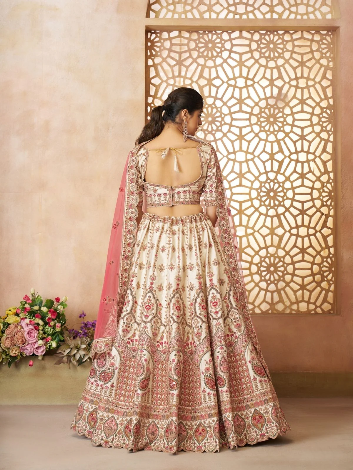 Odette Off White Silk Blend Embroidered Semi-Stitched Lehenga For Women - Image 4