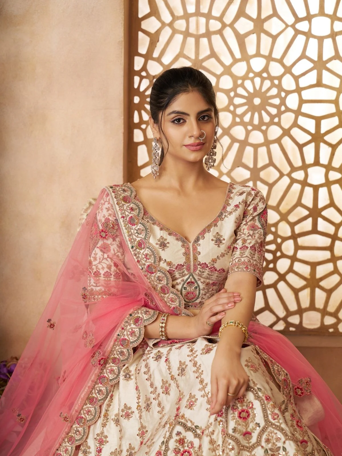 Odette Off White Silk Blend Embroidered Semi-Stitched Lehenga For Women - Image 5