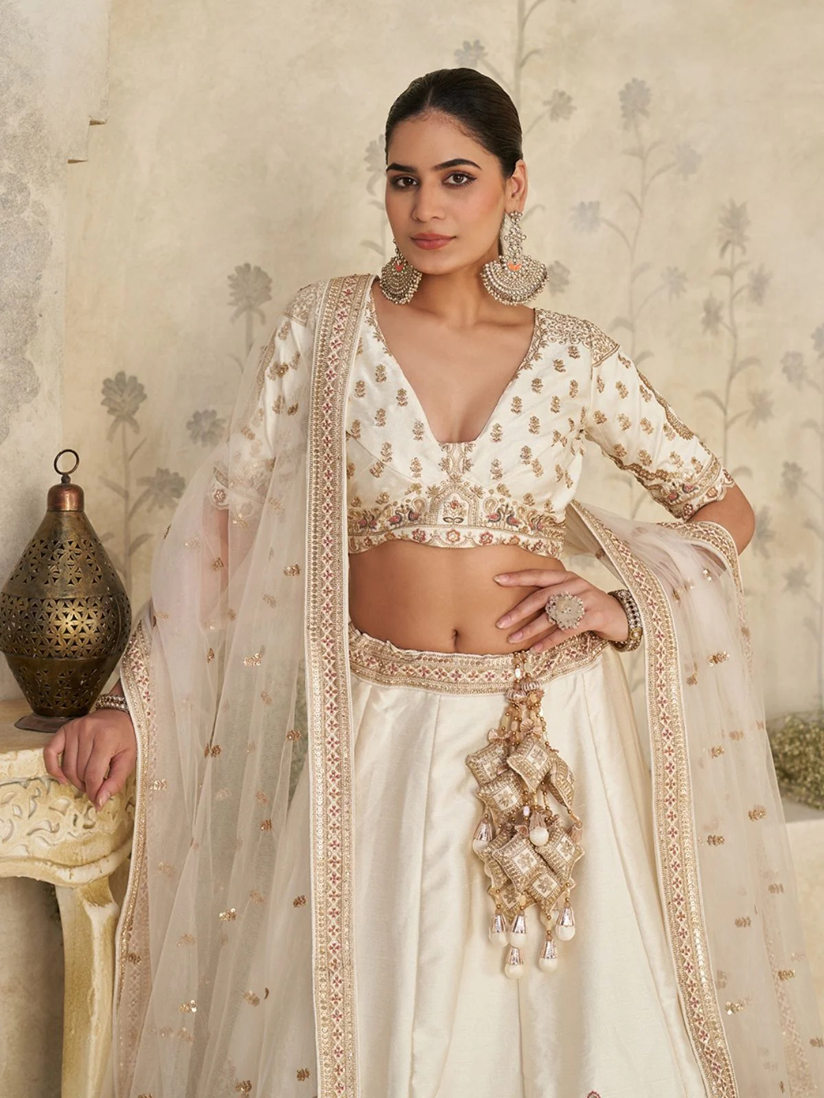 Odette Off White Silk Blend Embroidered Semi-Stitched Lehenga For Women - Image 3
