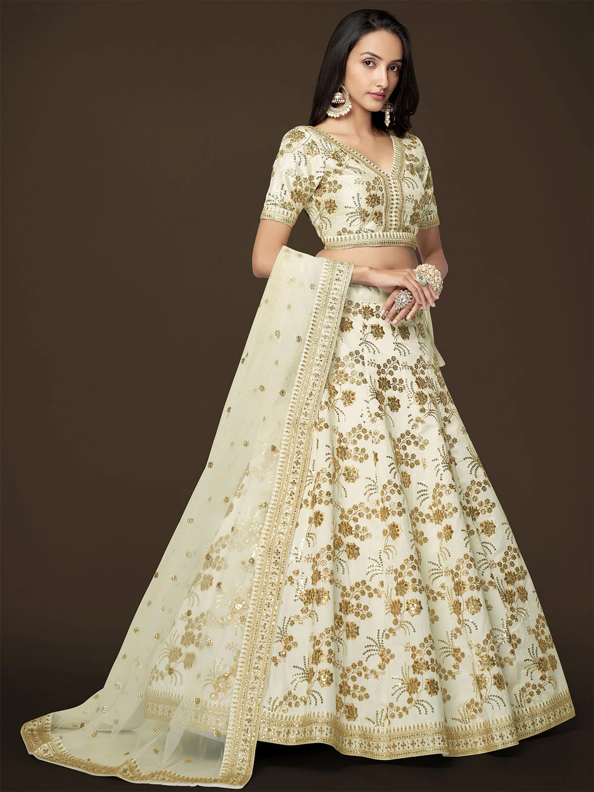Odette Off White Silk Blend Embroidered Semi Stitched Lehenga With Unstitched Blouse For Women - Image 2