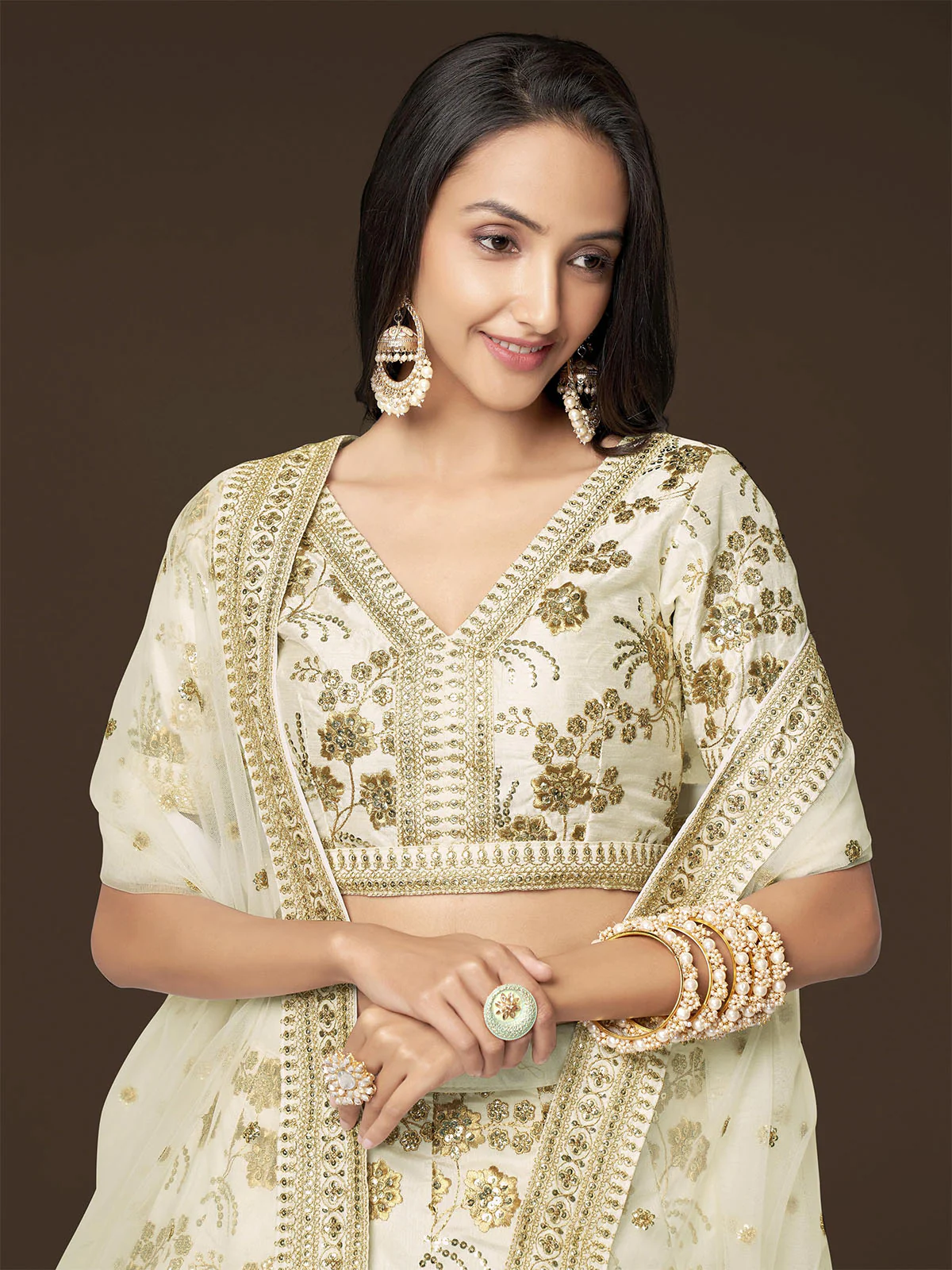 Odette Off White Silk Blend Embroidered Semi Stitched Lehenga With Unstitched Blouse For Women - Image 5