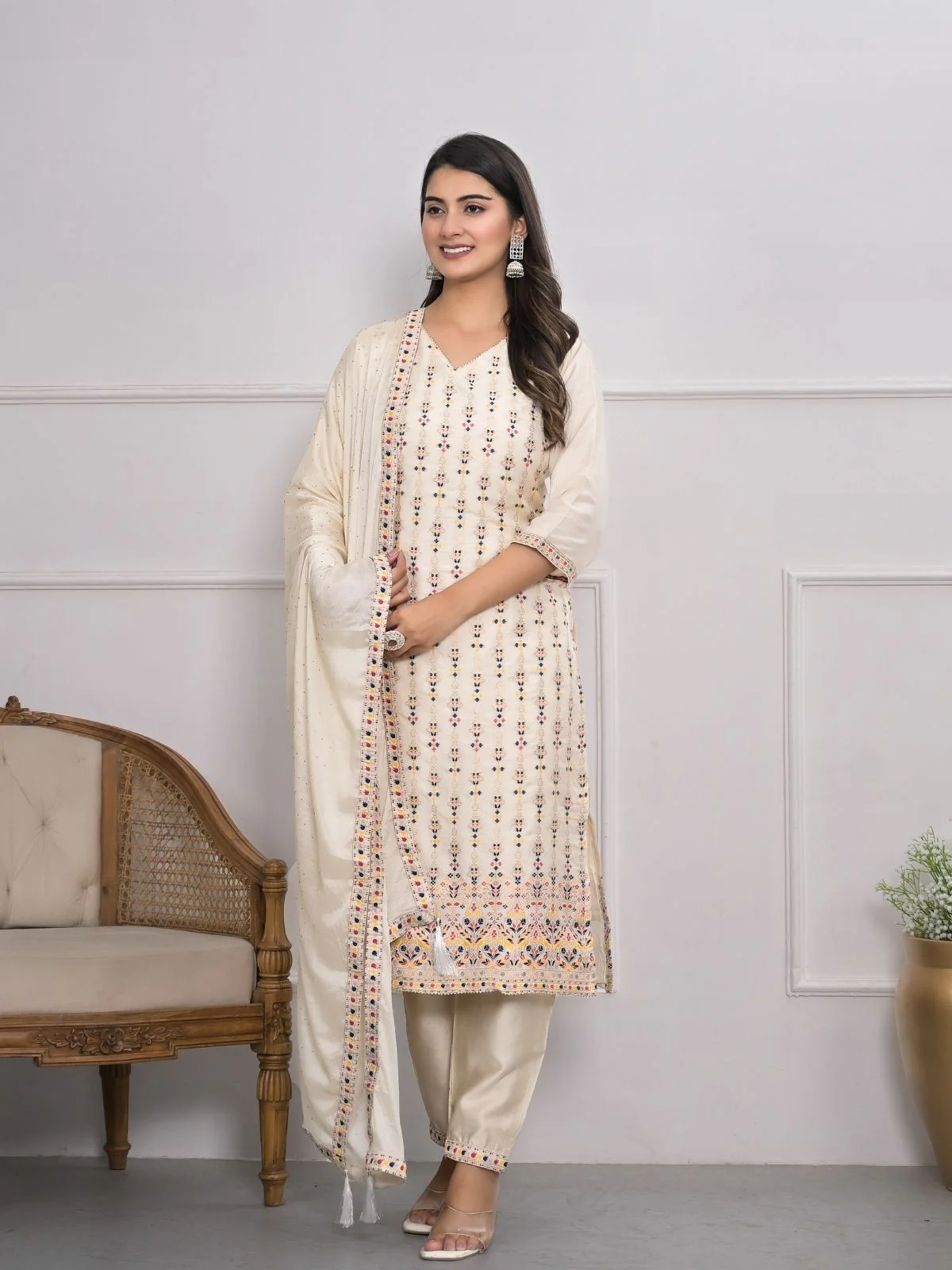 Odette Off White Silk Blend Embroidered Stitched Kurta Set For Women - Image 2