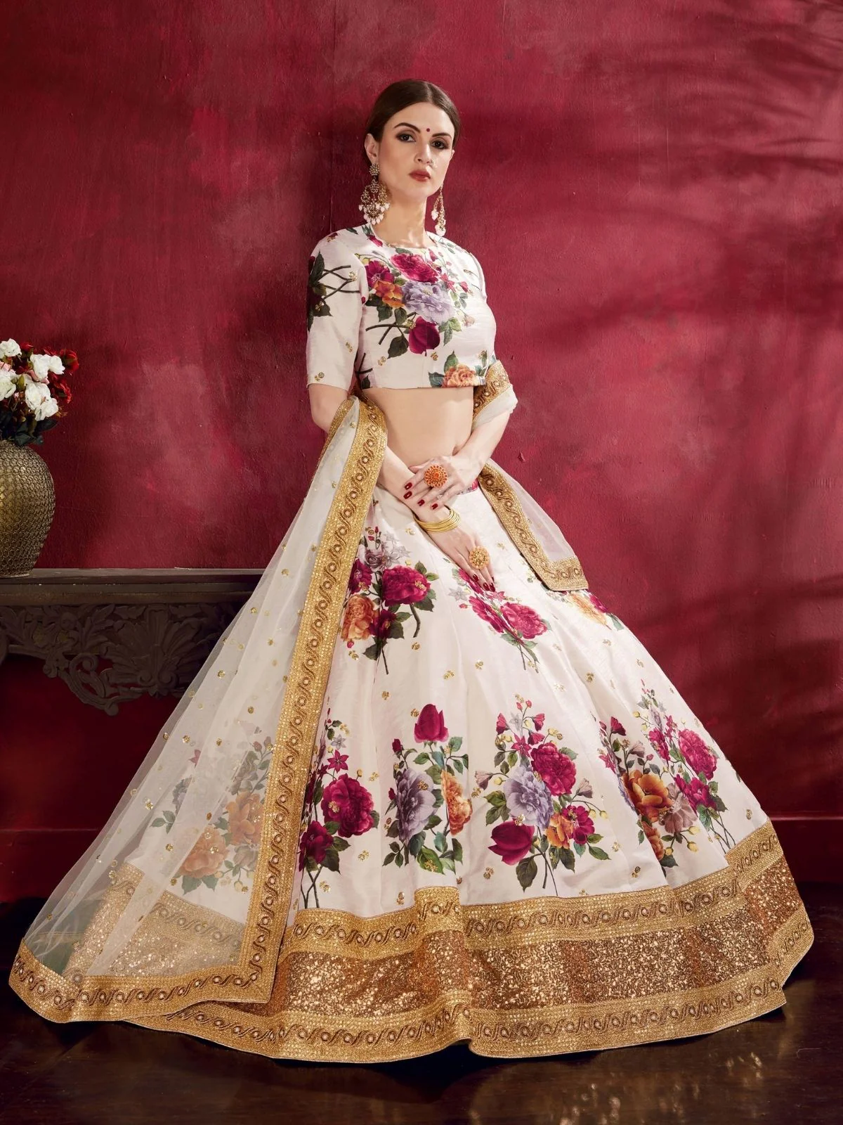 Odette Off White Silk Blend Printed Semi Stitched Lehenga With Blouse For Women - Image 2